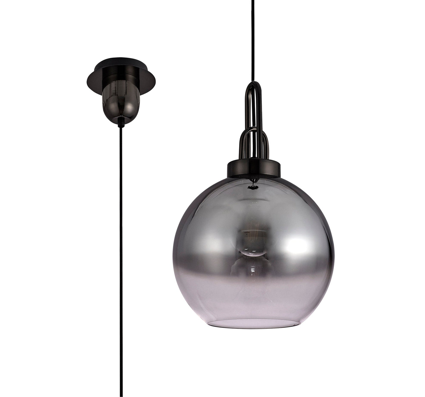 Kingsley 1 Light Pendant E27 With 30cm Globe Glass, Black Chrome and Matt Black and Smoked and Clear