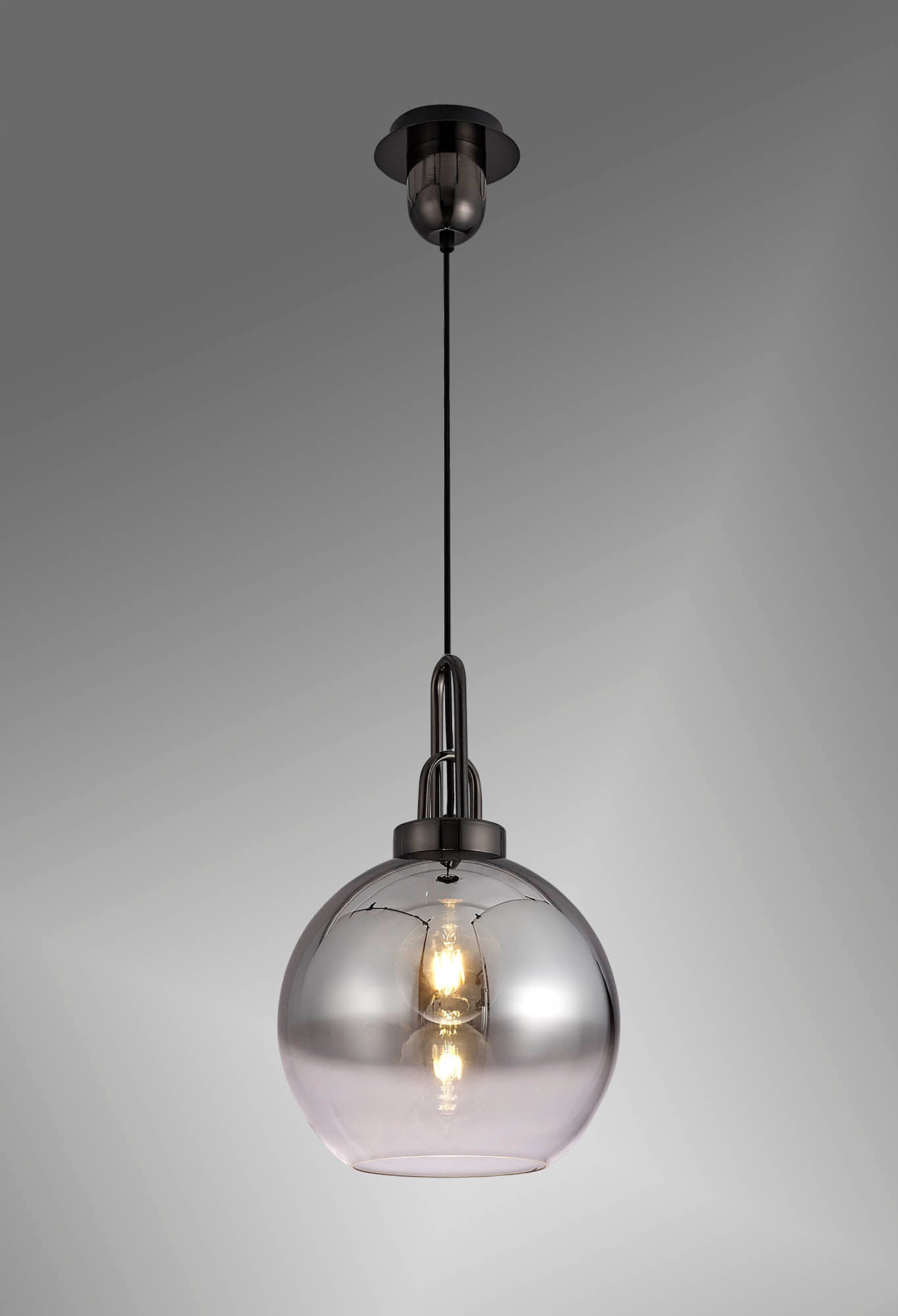 Kingsley 1 Light Pendant E27 With 30cm Globe Glass, Black Chrome and Matt Black and Smoked and Clear