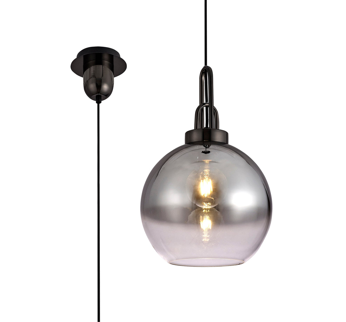Kingsley 1 Light Pendant E27 With 30cm Globe Glass, Black Chrome and Matt Black and Smoked and Clear