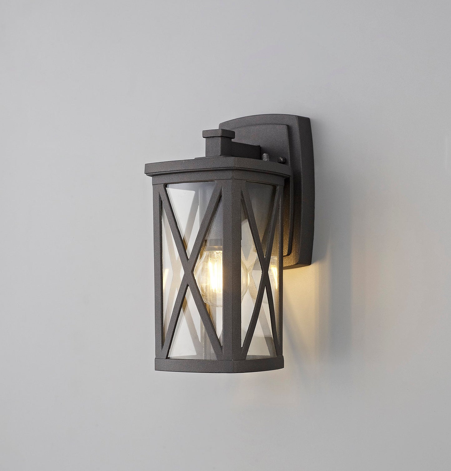 Legh Down Criss Cross Wall Lamp, 1 x E27, IP54, Anthracite and Clear Glass, 2yrs Warranty