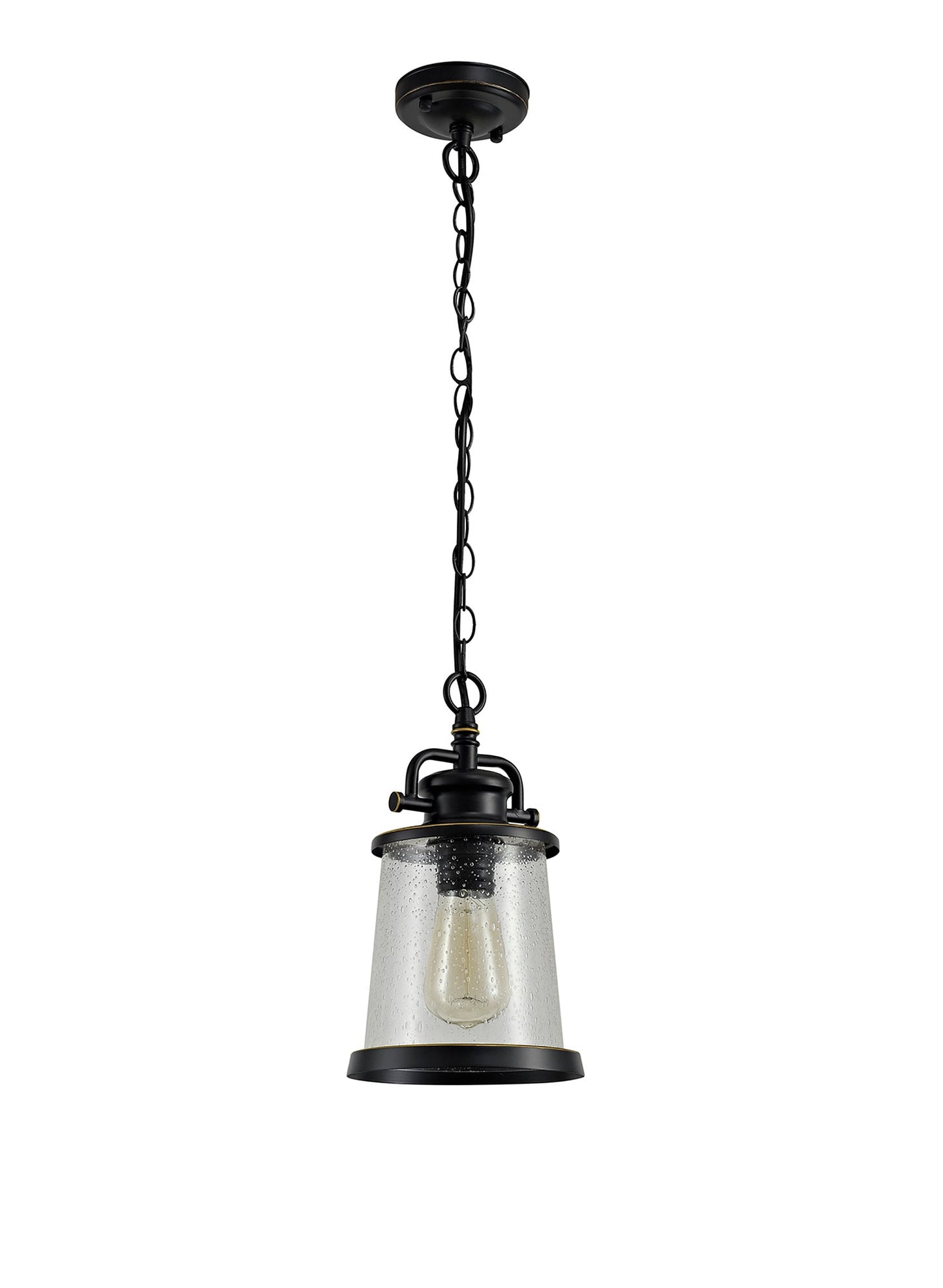 Macc Pendant, 1 x E27, Black and Gold With Seeded Clear Glass, IP54, 2yrs Warranty