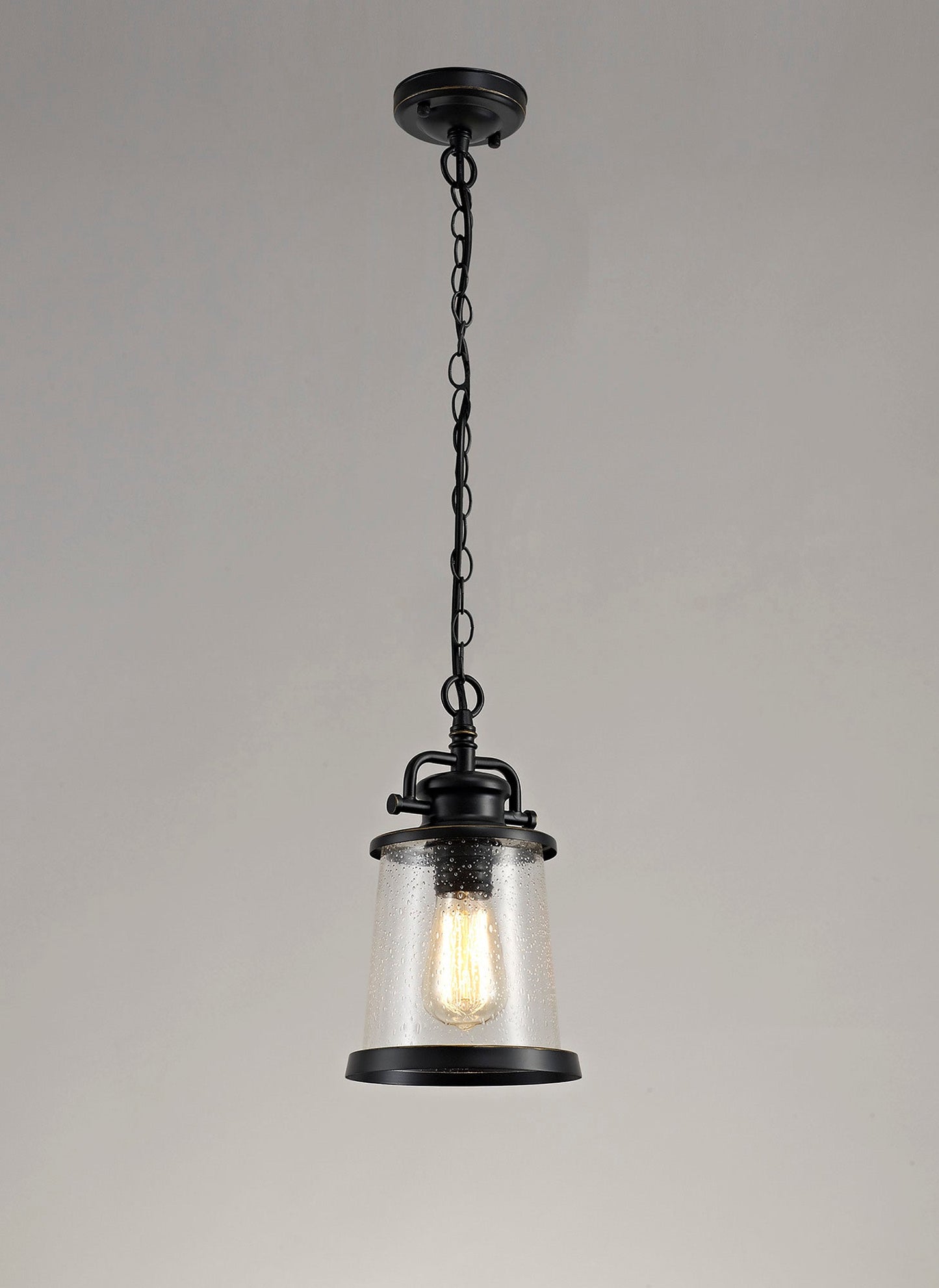 Macc Pendant, 1 x E27, Black and Gold With Seeded Clear Glass, IP54, 2yrs Warranty