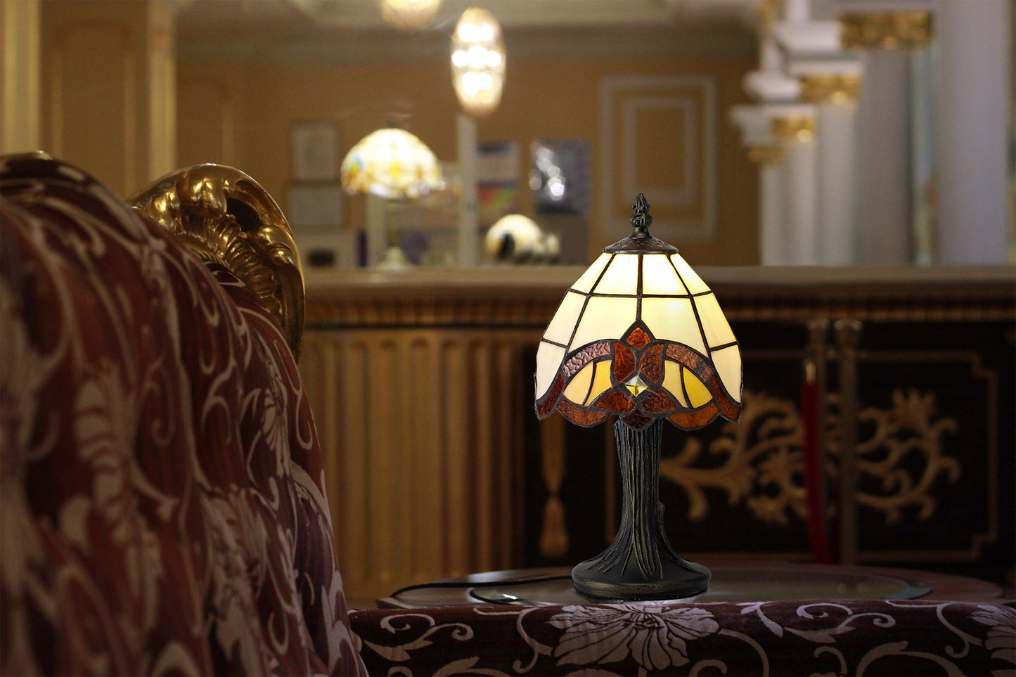 Marbury Tiffany Table Lamp, 1 x E14, Cream and Amber and Clear Crystal Shade