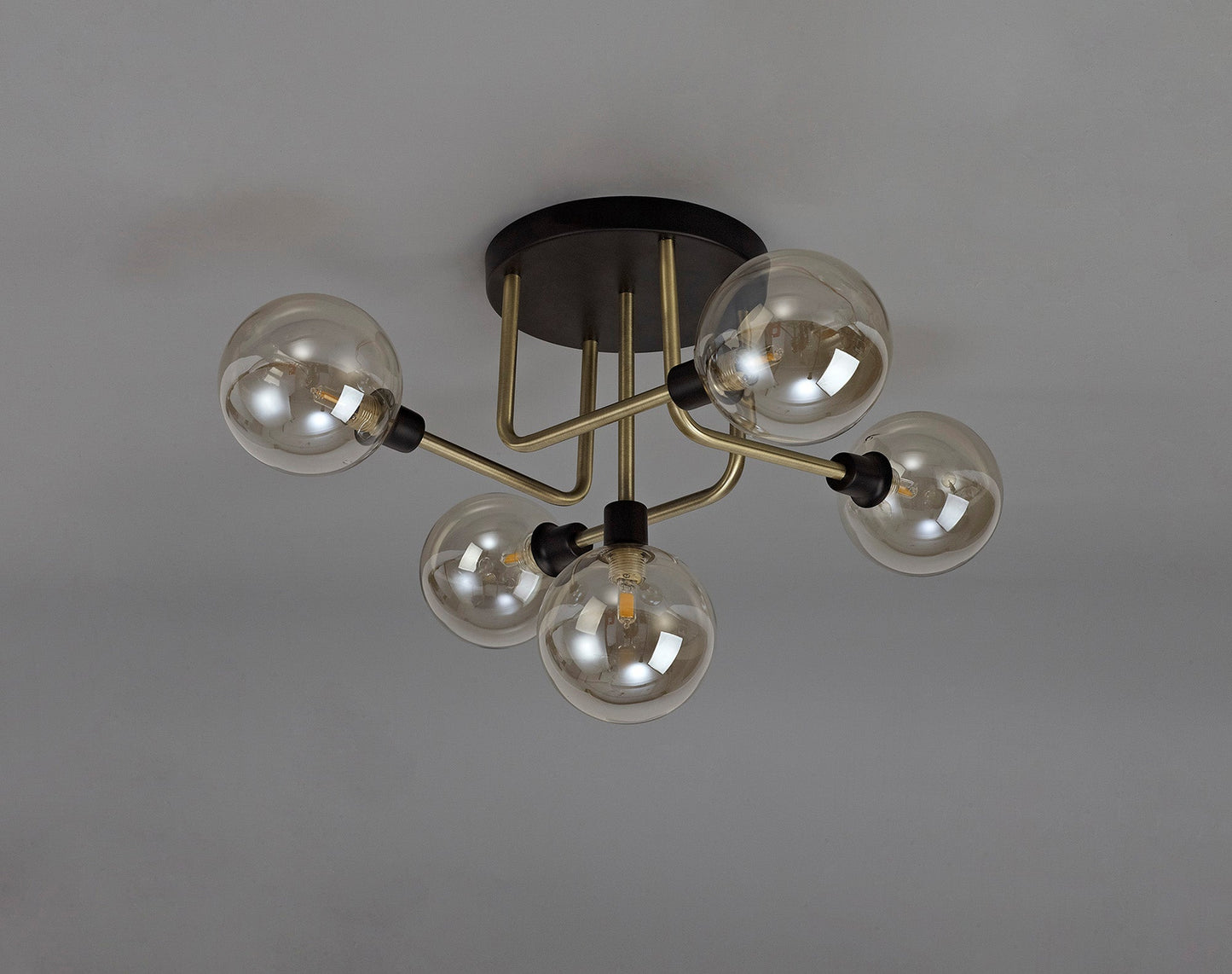 Marple Flush Ceiling, 5 Light G9, Matt Black and Antique Brass and Cognac Glass
