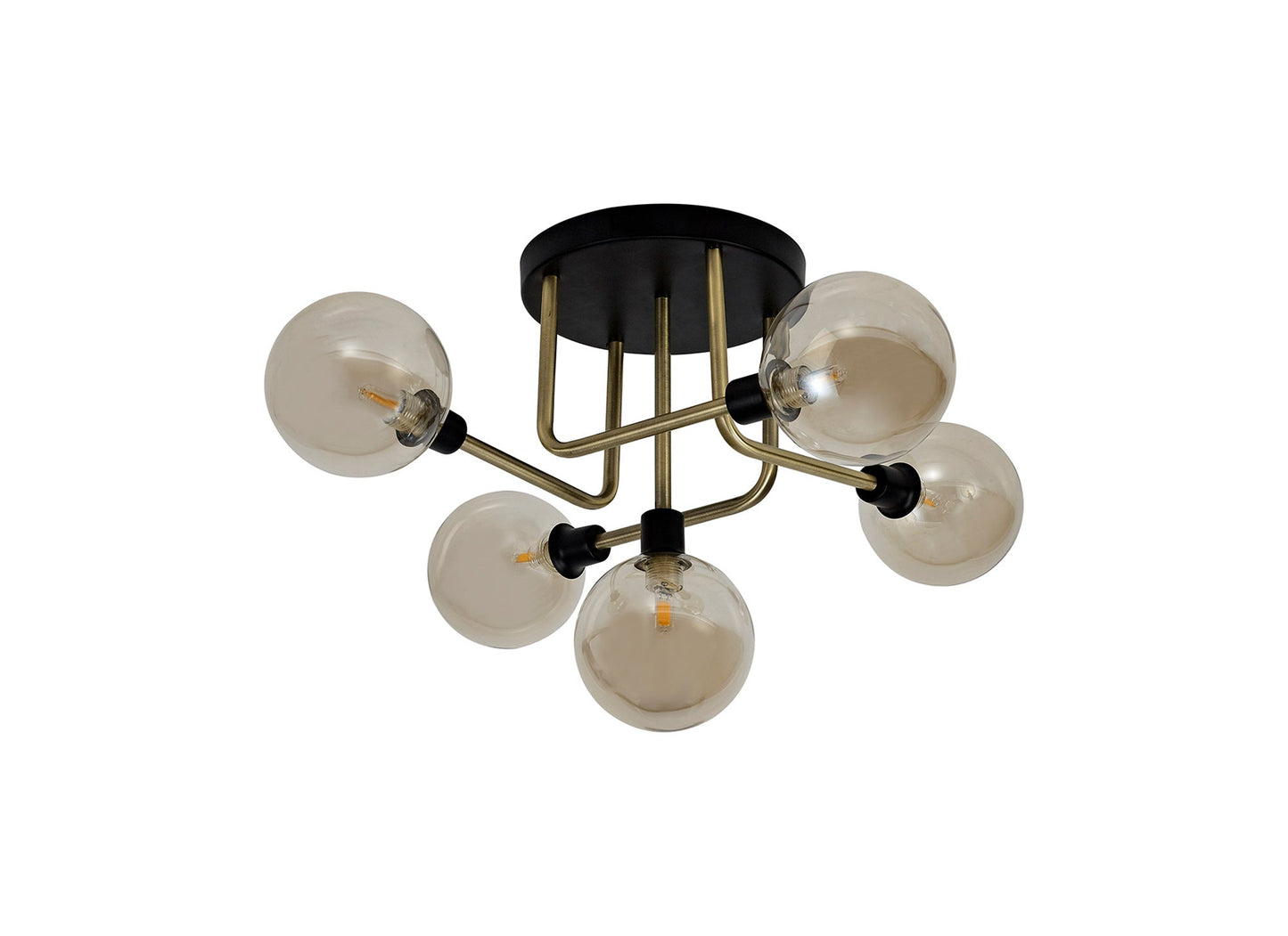 Marple Flush Ceiling, 5 Light G9, Matt Black and Antique Brass and Cognac Glass