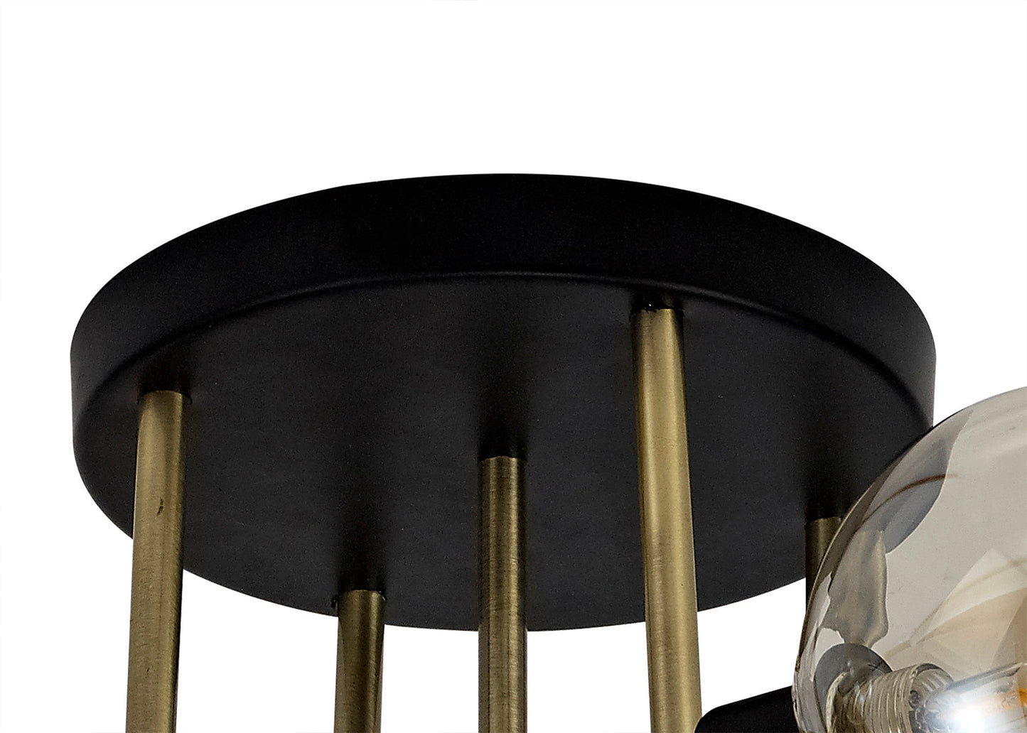 Marple Flush Ceiling, 5 Light G9, Matt Black and Antique Brass and Cognac Glass