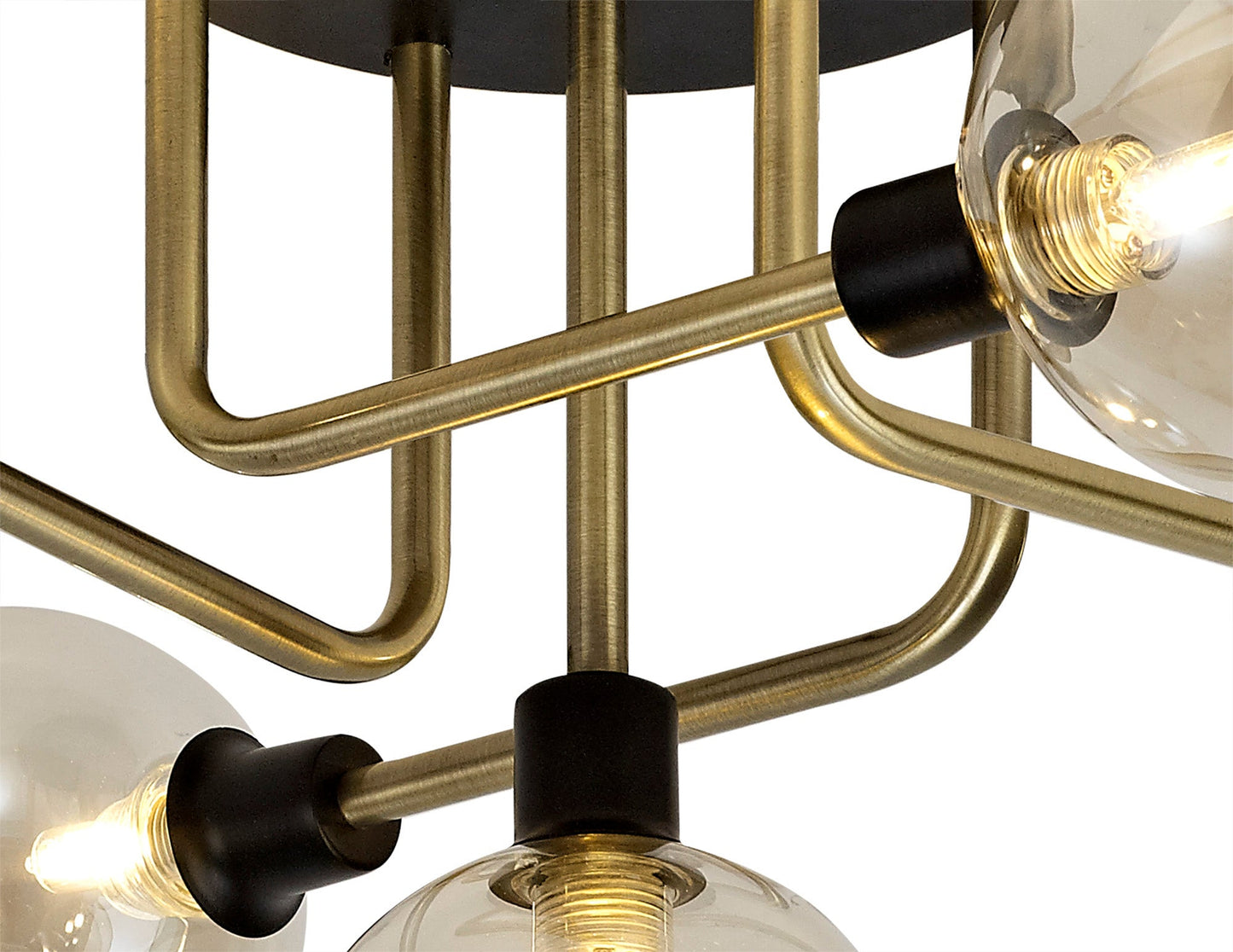 Marple Flush Ceiling, 5 Light G9, Matt Black and Antique Brass and Cognac Glass