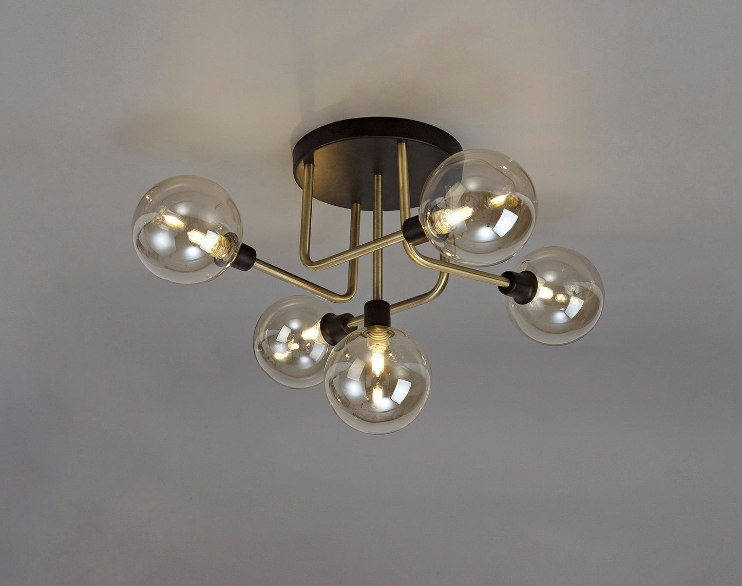 Marple Flush Ceiling, 5 Light G9, Matt Black and Antique Brass and Cognac Glass