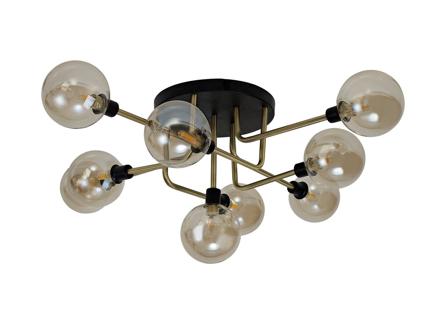 Marple Flush Ceiling, 9 Light G9, Matt Black and Antique Brass and Cognac Glass