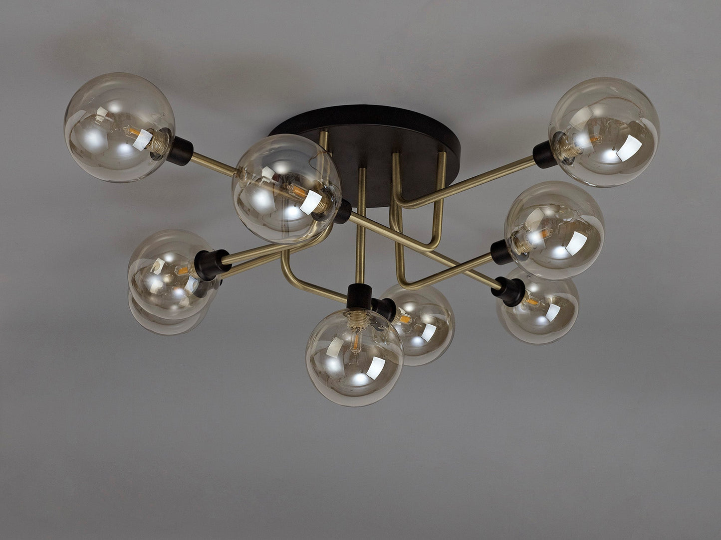 Marple Flush Ceiling, 9 Light G9, Matt Black and Antique Brass and Cognac Glass