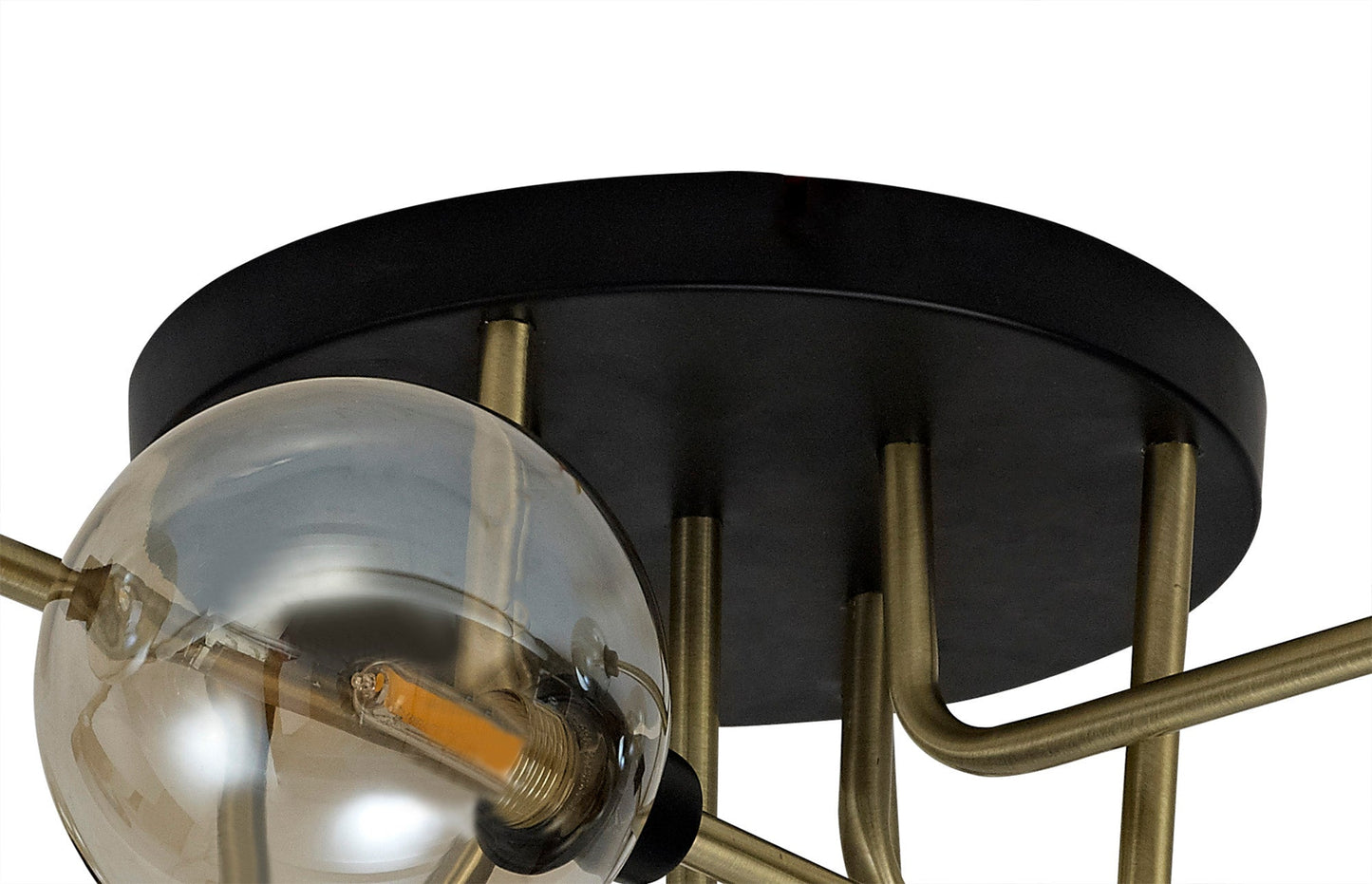 Marple Flush Ceiling, 9 Light G9, Matt Black and Antique Brass and Cognac Glass