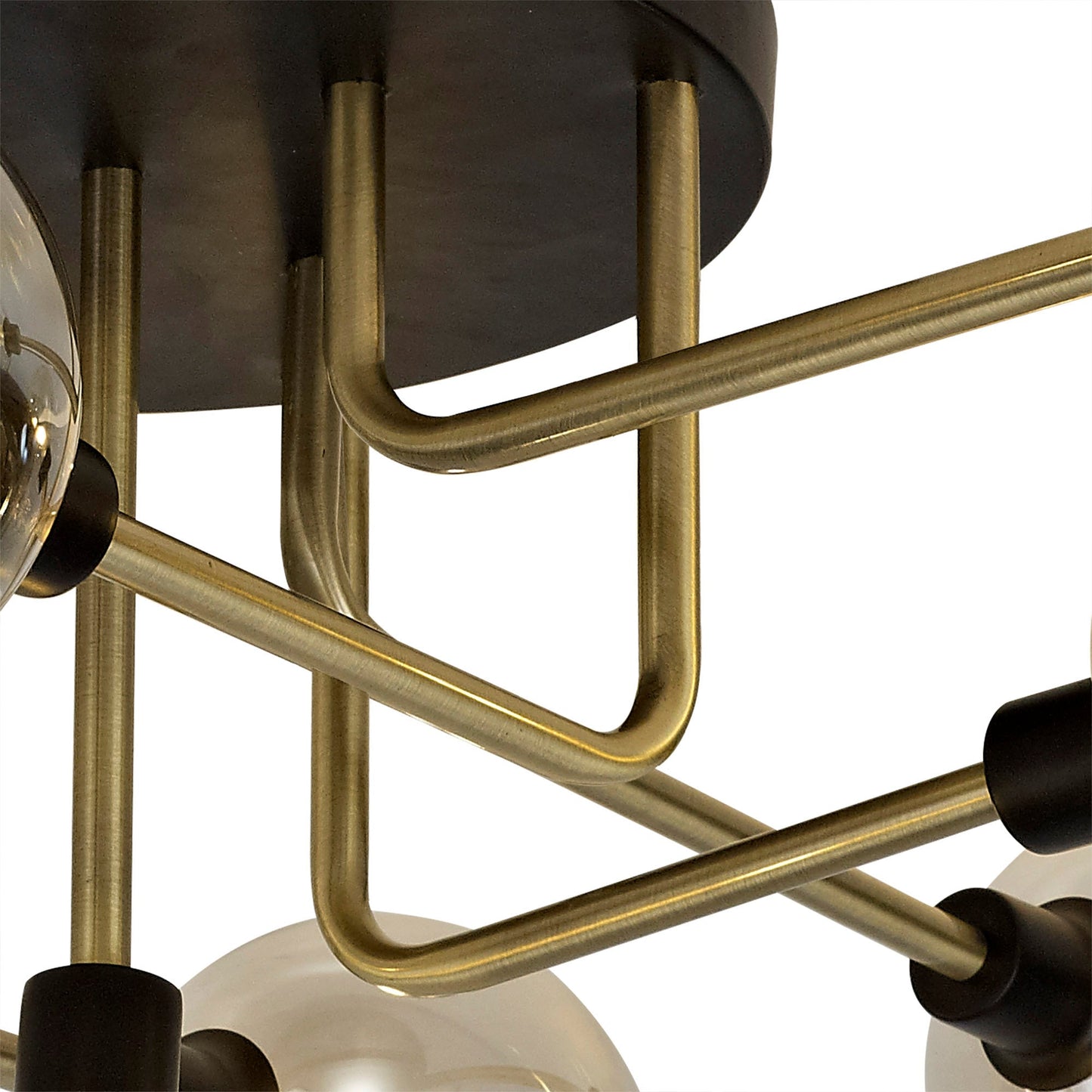 Marple Flush Ceiling, 9 Light G9, Matt Black and Antique Brass and Cognac Glass