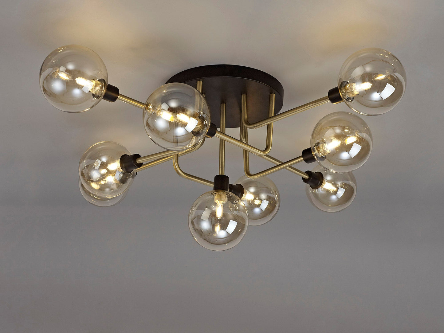 Marple Flush Ceiling, 9 Light G9, Matt Black and Antique Brass and Cognac Glass