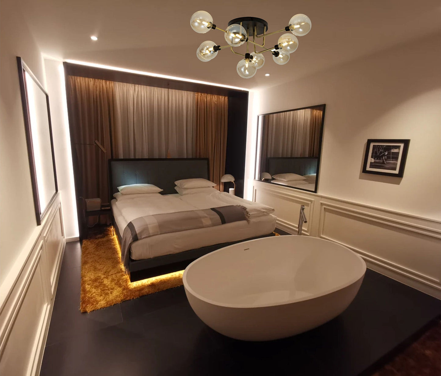 Marple Flush Ceiling, 9 Light G9, Matt Black and Antique Brass and Cognac Glass