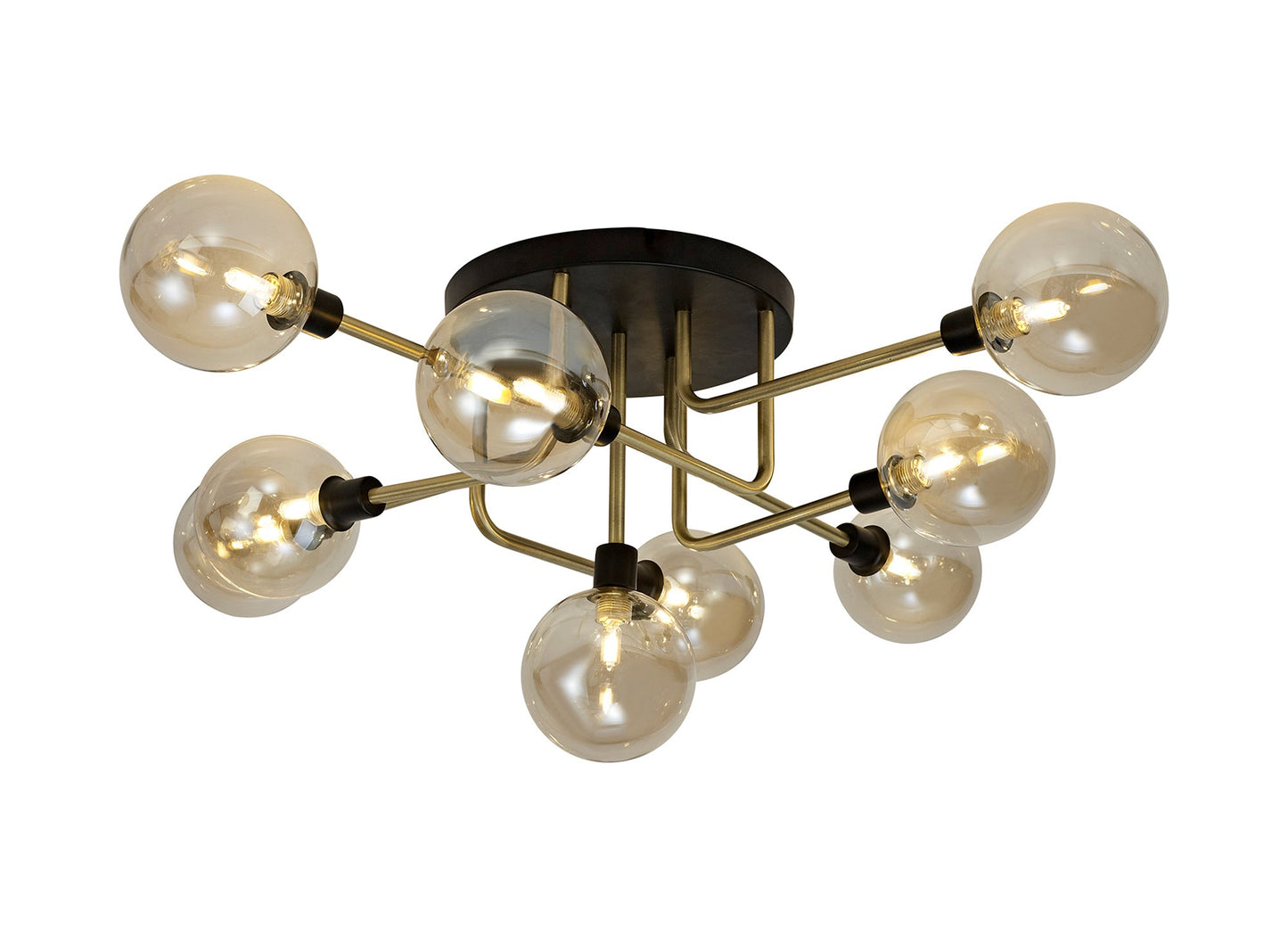 Marple Flush Ceiling, 9 Light G9, Matt Black and Antique Brass and Cognac Glass