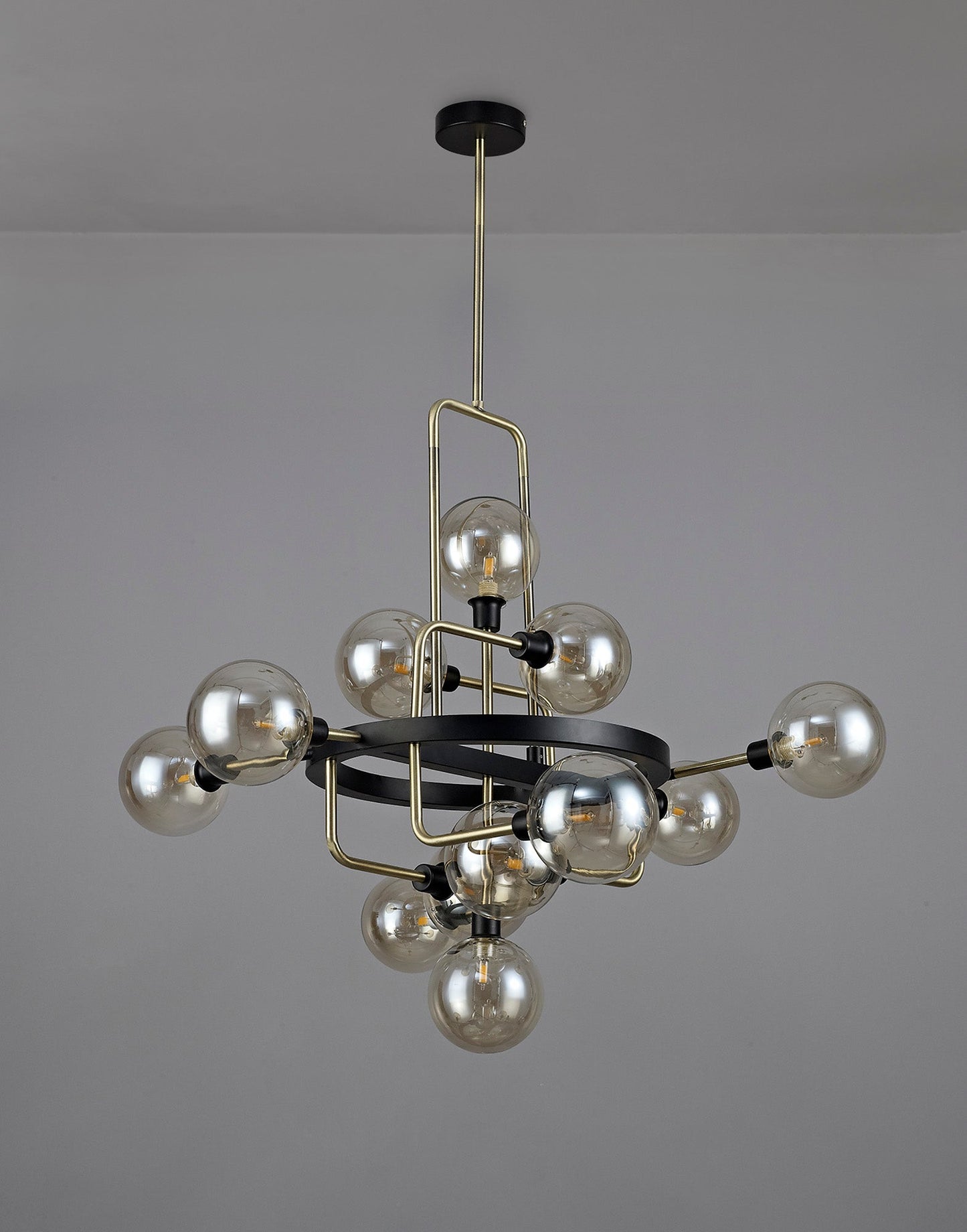 Marple Fixed Pendant, 12 Light G9, Matt Black and Antique Brass and Cognac Glass