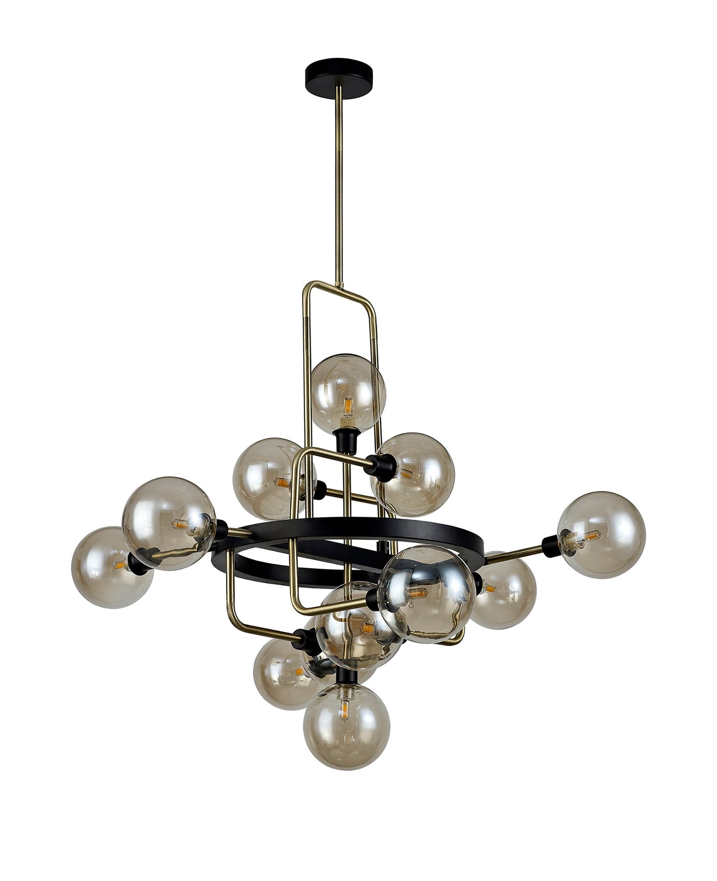 Marple Fixed Pendant, 12 Light G9, Matt Black and Antique Brass and Cognac Glass