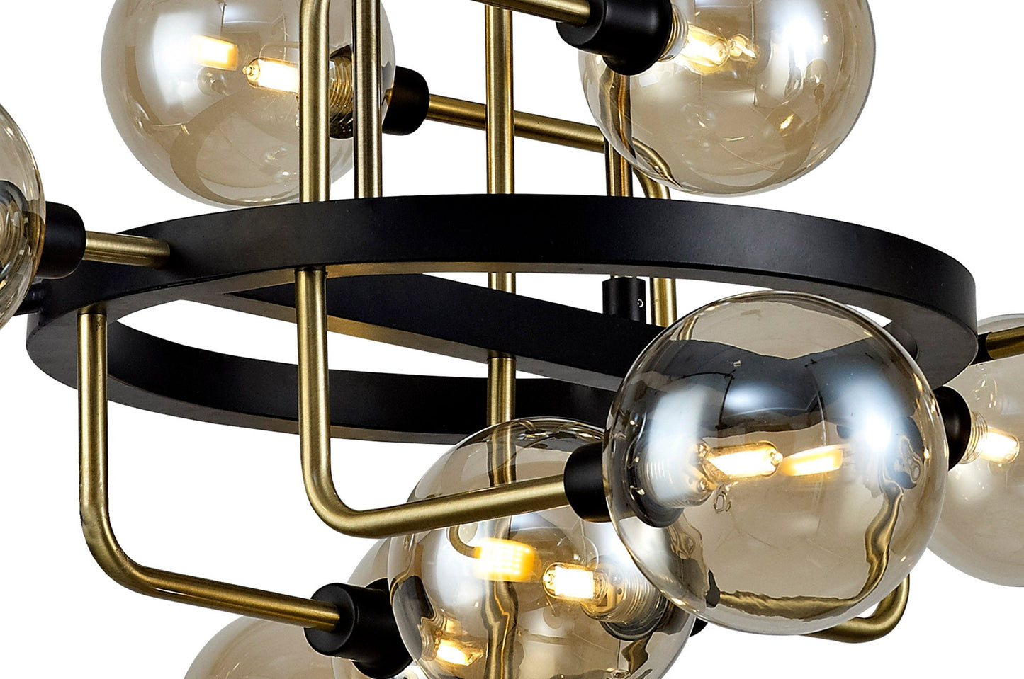 Marple Fixed Pendant, 12 Light G9, Matt Black and Antique Brass and Cognac Glass