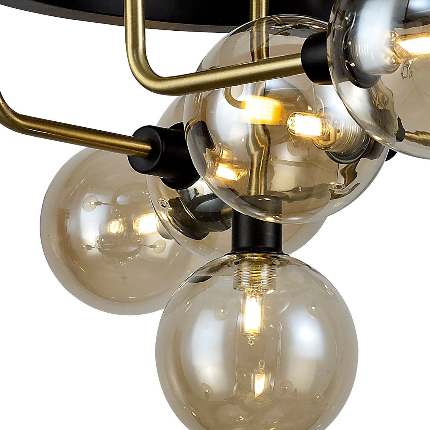 Marple Fixed Pendant, 12 Light G9, Matt Black and Antique Brass and Cognac Glass