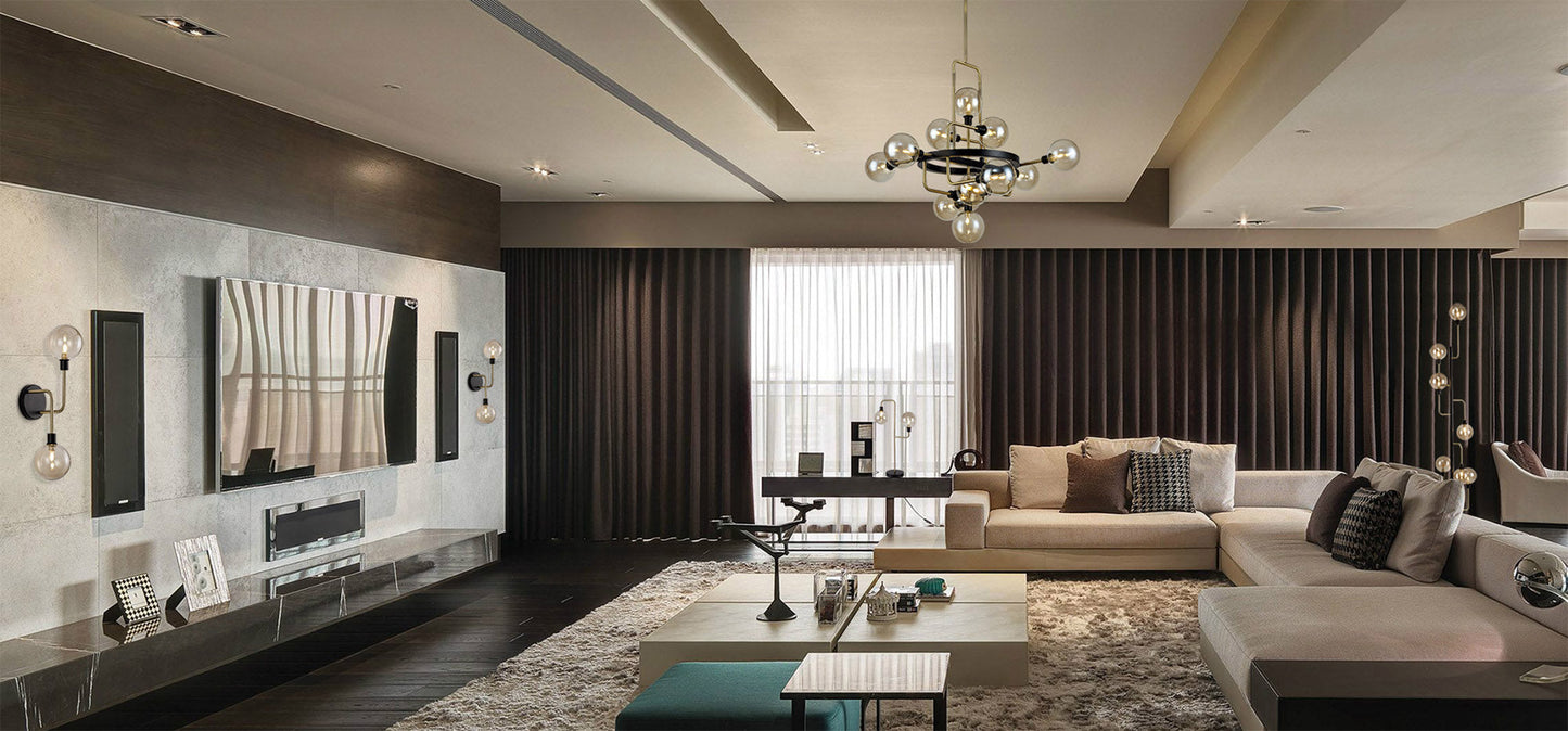 Marple Flush Ceiling, 9 Light G9, Matt Black and Antique Brass and Cognac Glass