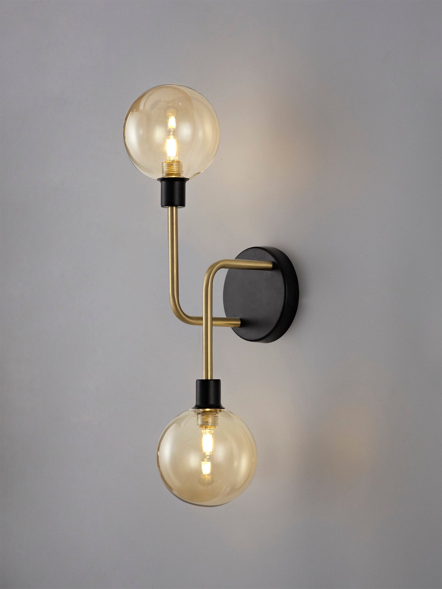 Marple Wall Lamp, 2 Light G9, Matt Black and Antique Brass and Cognac Glass