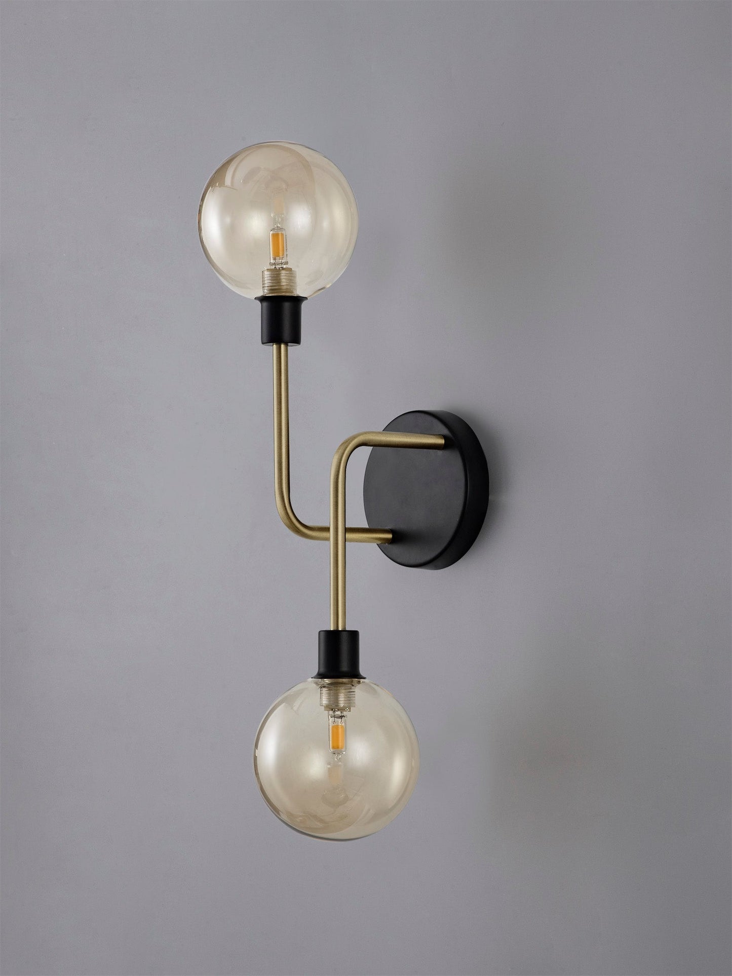 Marple Wall Lamp, 2 Light G9, Matt Black and Antique Brass and Cognac Glass