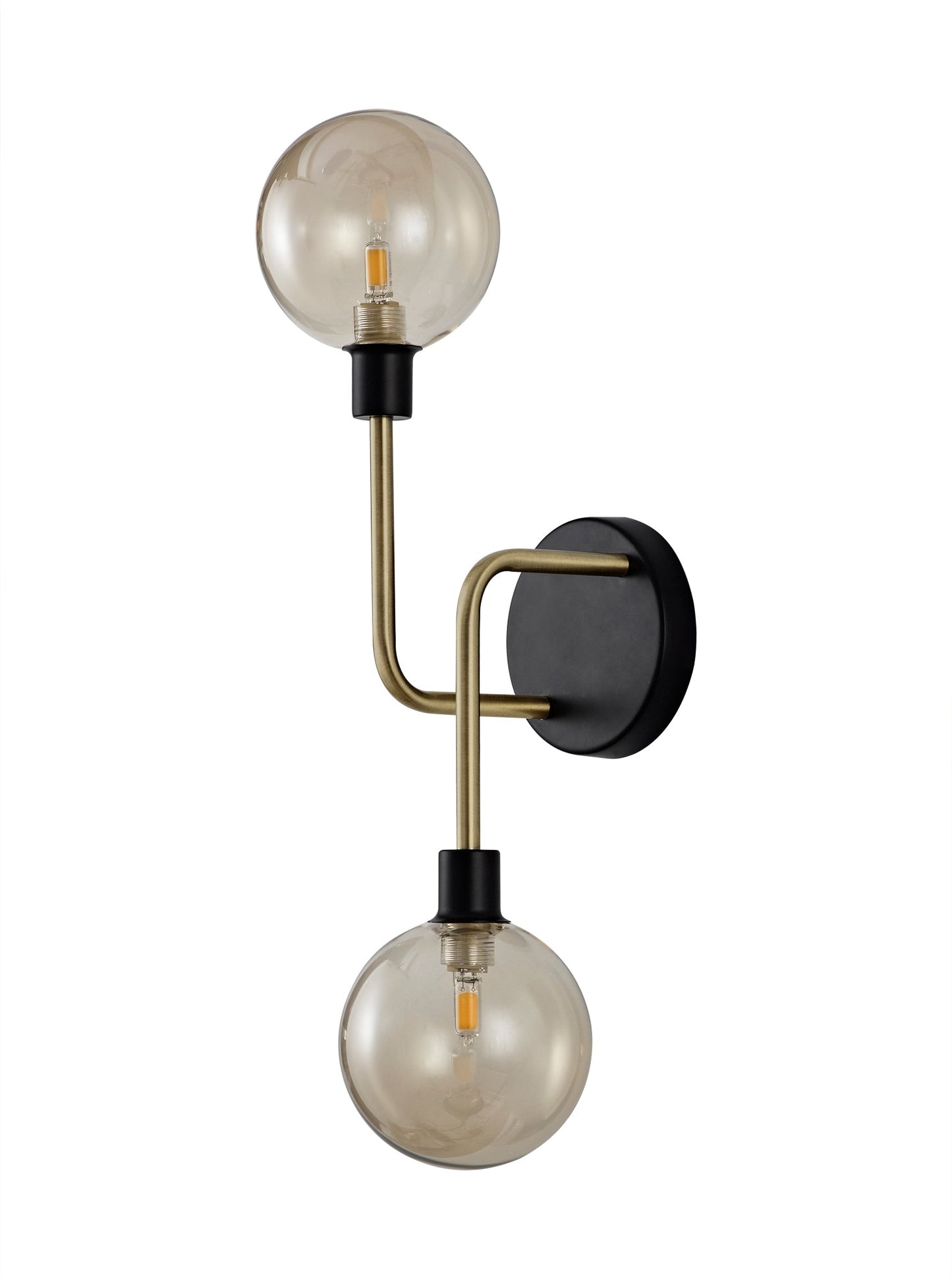 Marple Wall Lamp, 2 Light G9, Matt Black and Antique Brass and Cognac Glass