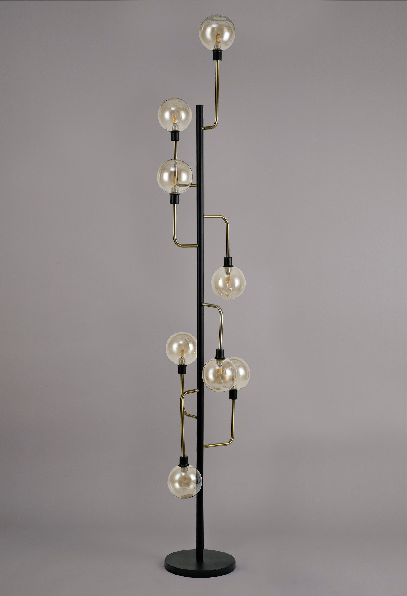Marple Floor Lamp, 8 Light G9, Matt Black and Antique Brass and Cognac Glass