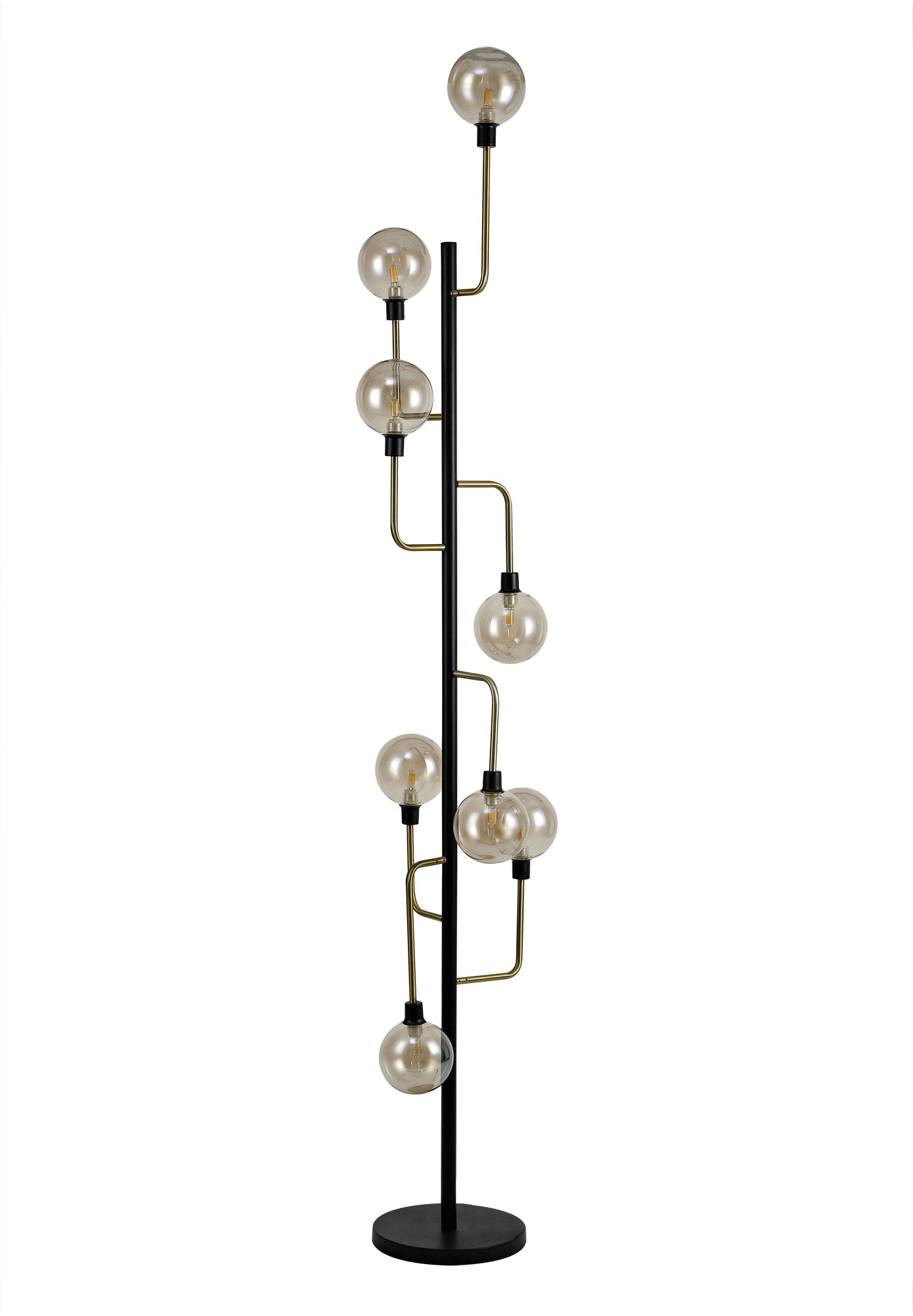 Marple Floor Lamp, 8 Light G9, Matt Black and Antique Brass and Cognac Glass