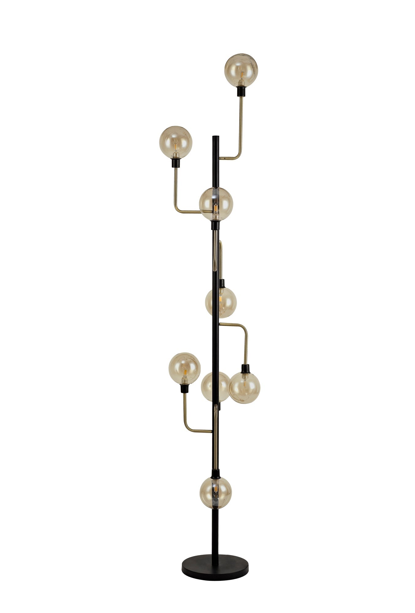 Marple Floor Lamp, 8 Light G9, Matt Black and Antique Brass and Cognac Glass