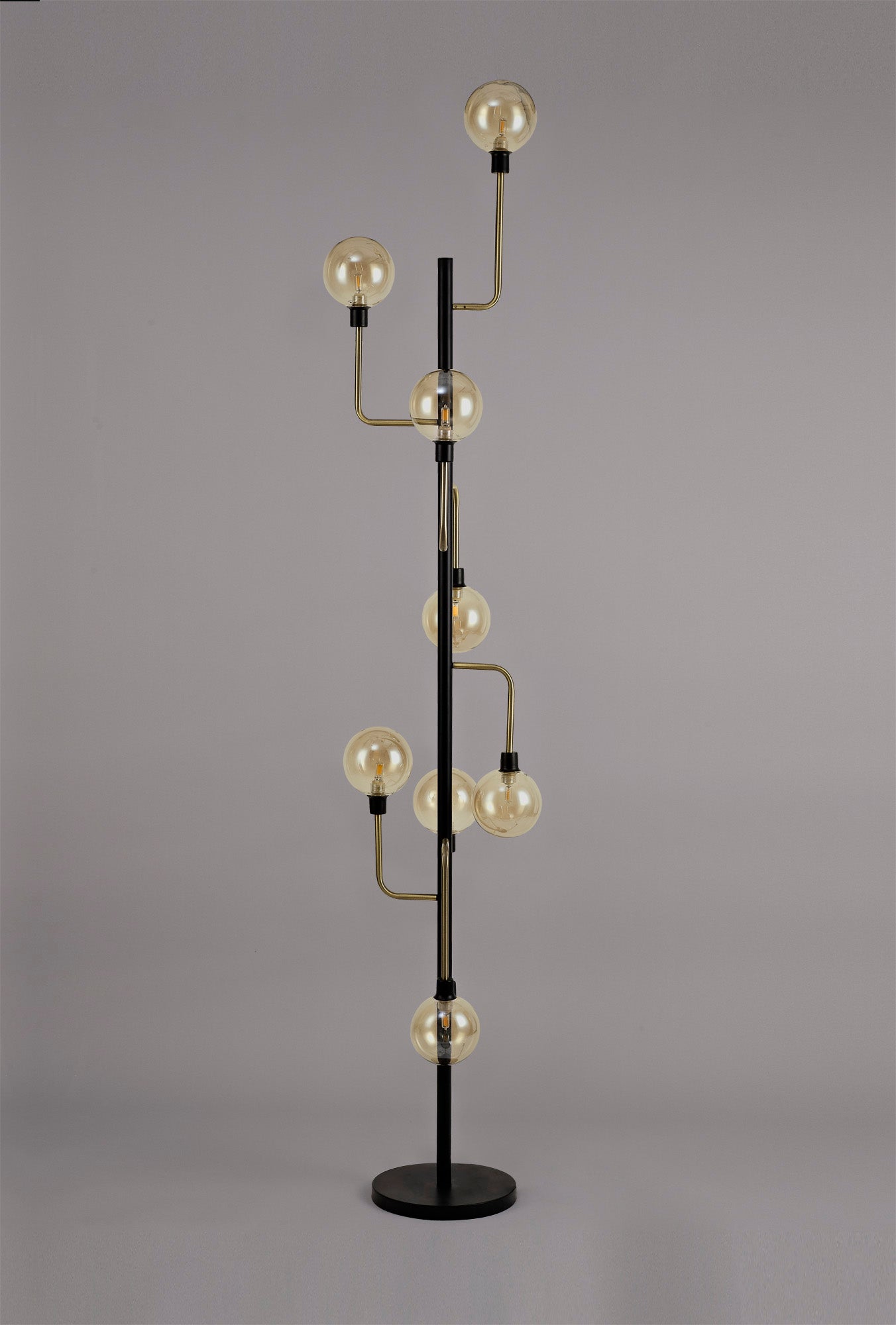 Marple Floor Lamp, 8 Light G9, Matt Black and Antique Brass and Cognac Glass
