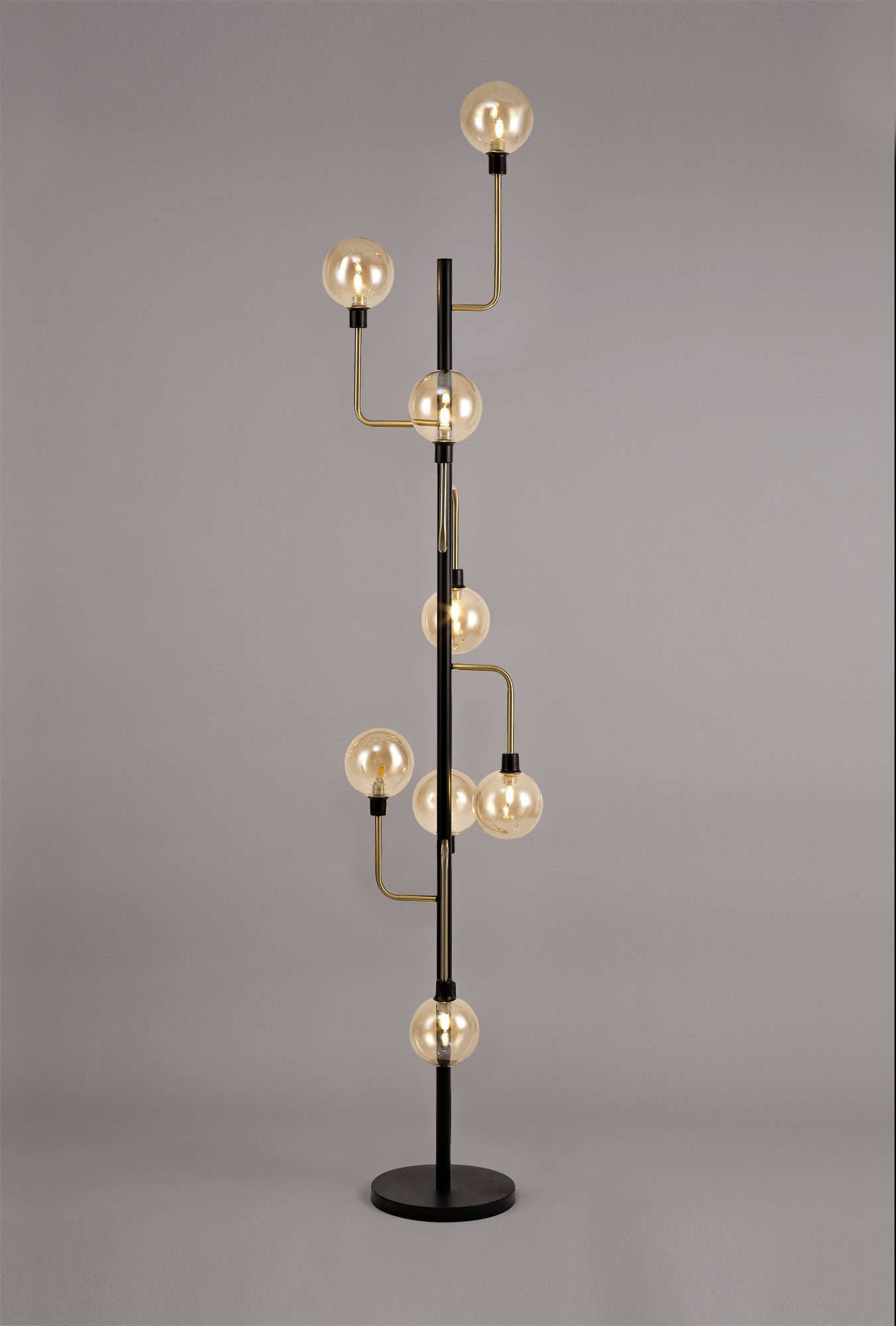 Marple Floor Lamp, 8 Light G9, Matt Black and Antique Brass and Cognac Glass