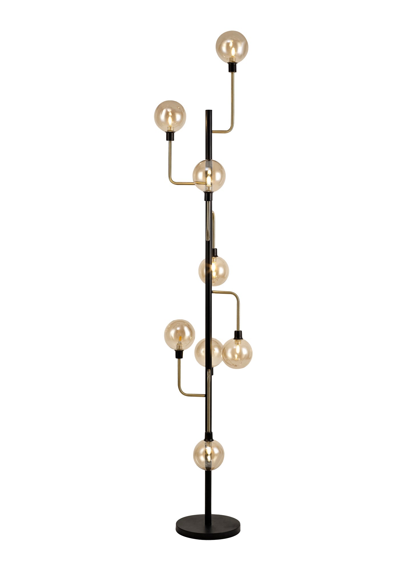 Marple Floor Lamp, 8 Light G9, Matt Black and Antique Brass and Cognac Glass
