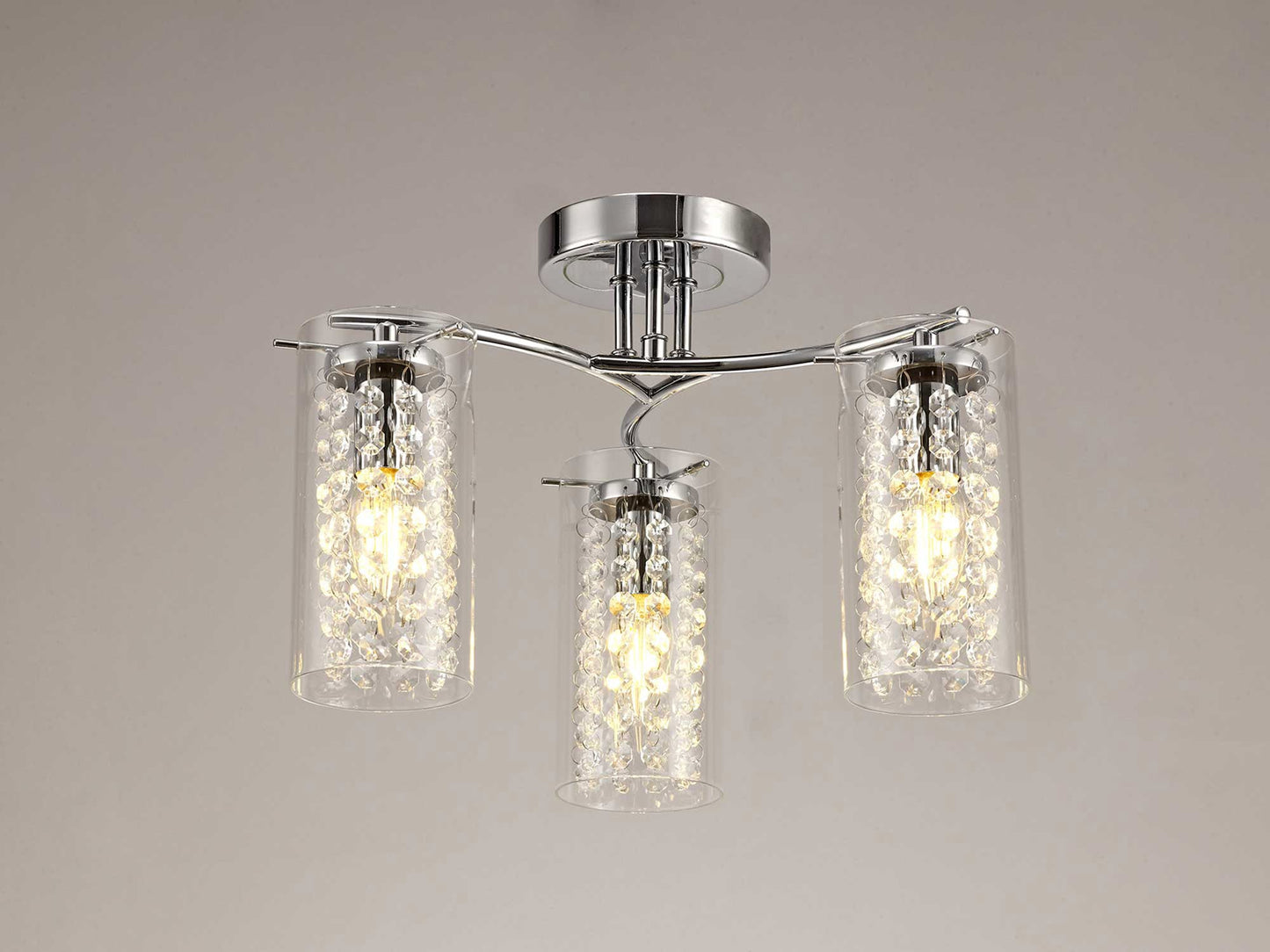 Marthall Semi Ceiling Light, 3 x E14, Polished Chrome and Crystal and Glass
