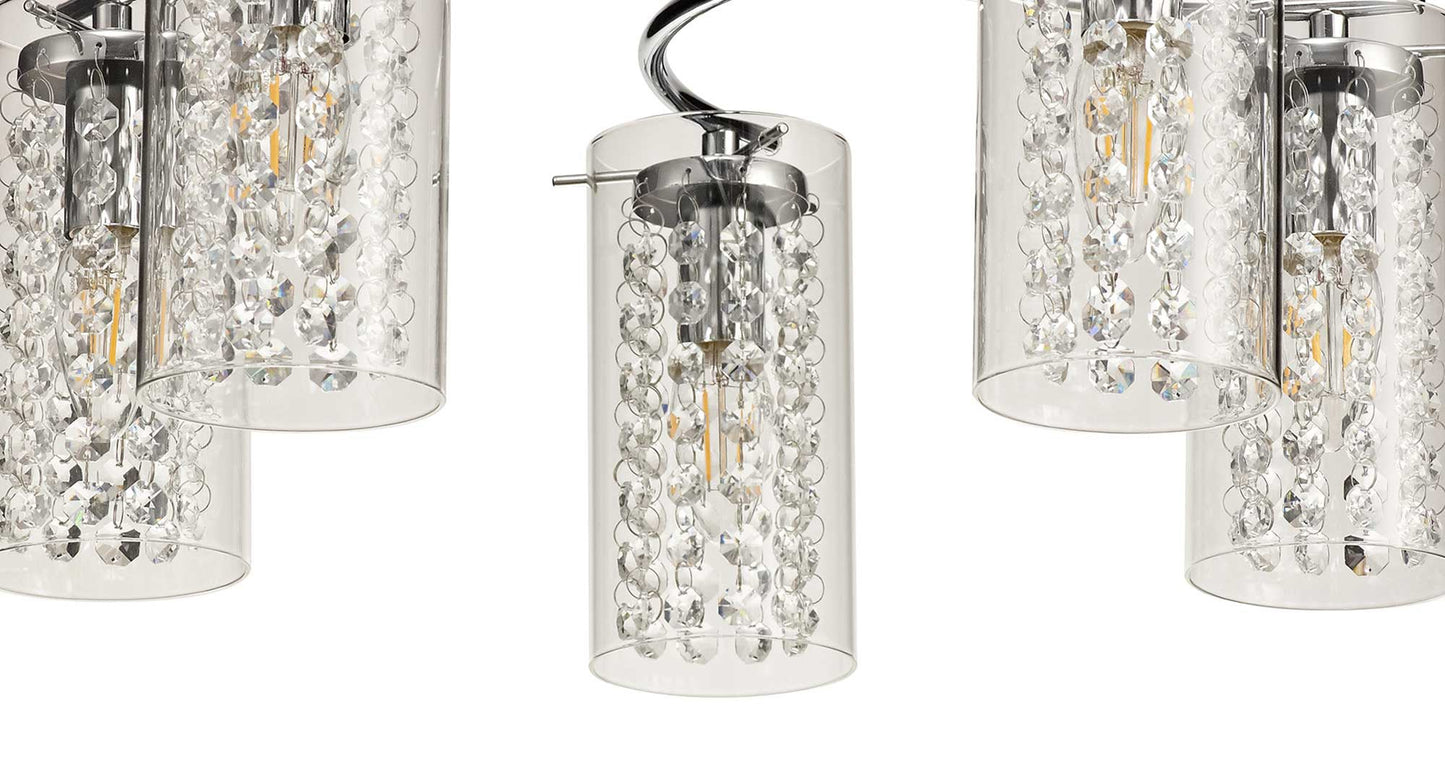 Marthall Semi Ceiling Light, 5 x E14, Polished Chrome and Crystal and Glass
