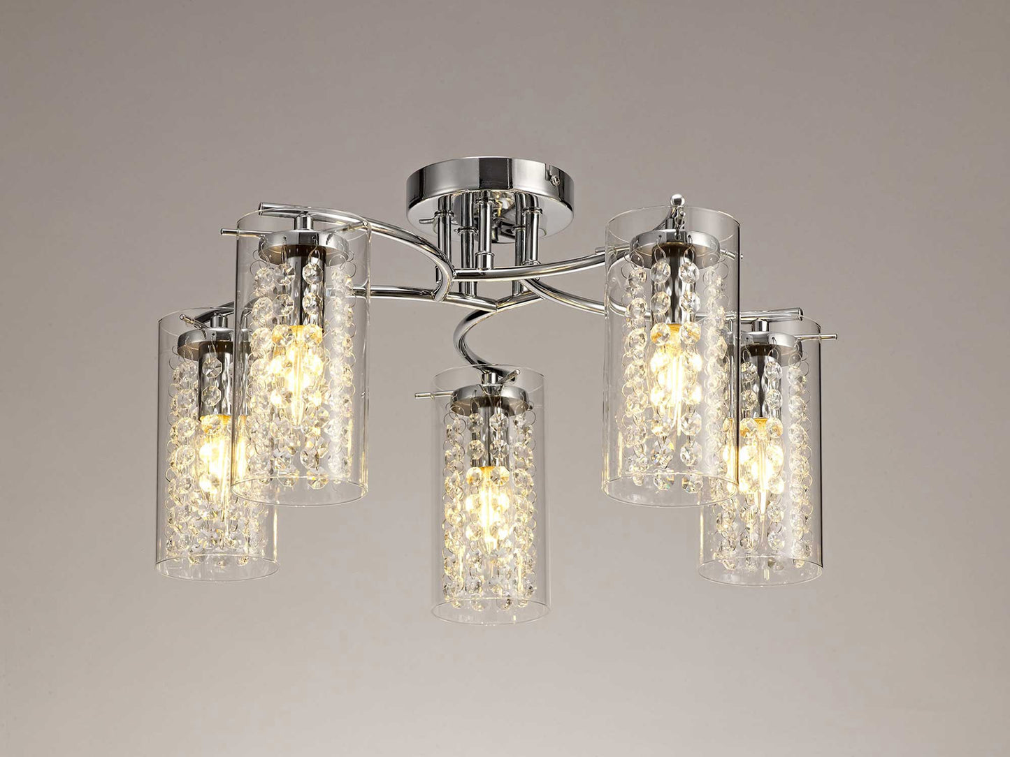 Marthall Semi Ceiling Light, 5 x E14, Polished Chrome and Crystal and Glass