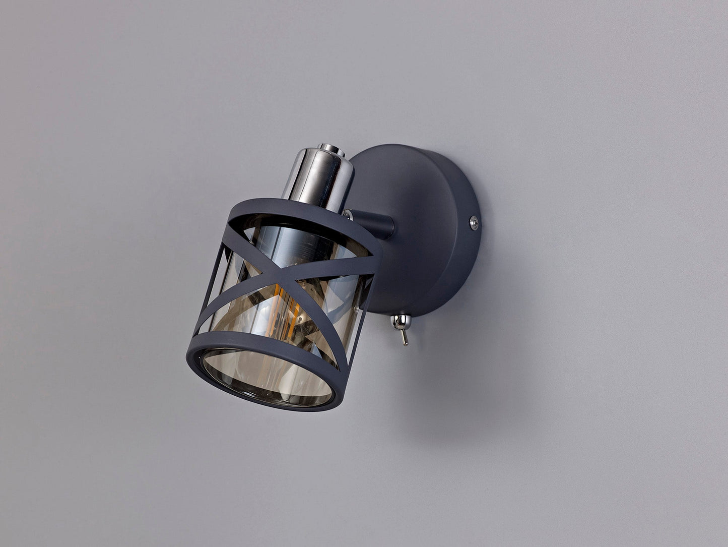 Mobbers 1 Light Switched Spotlight E14, Matt Grey and Polished Chrome and Cognac