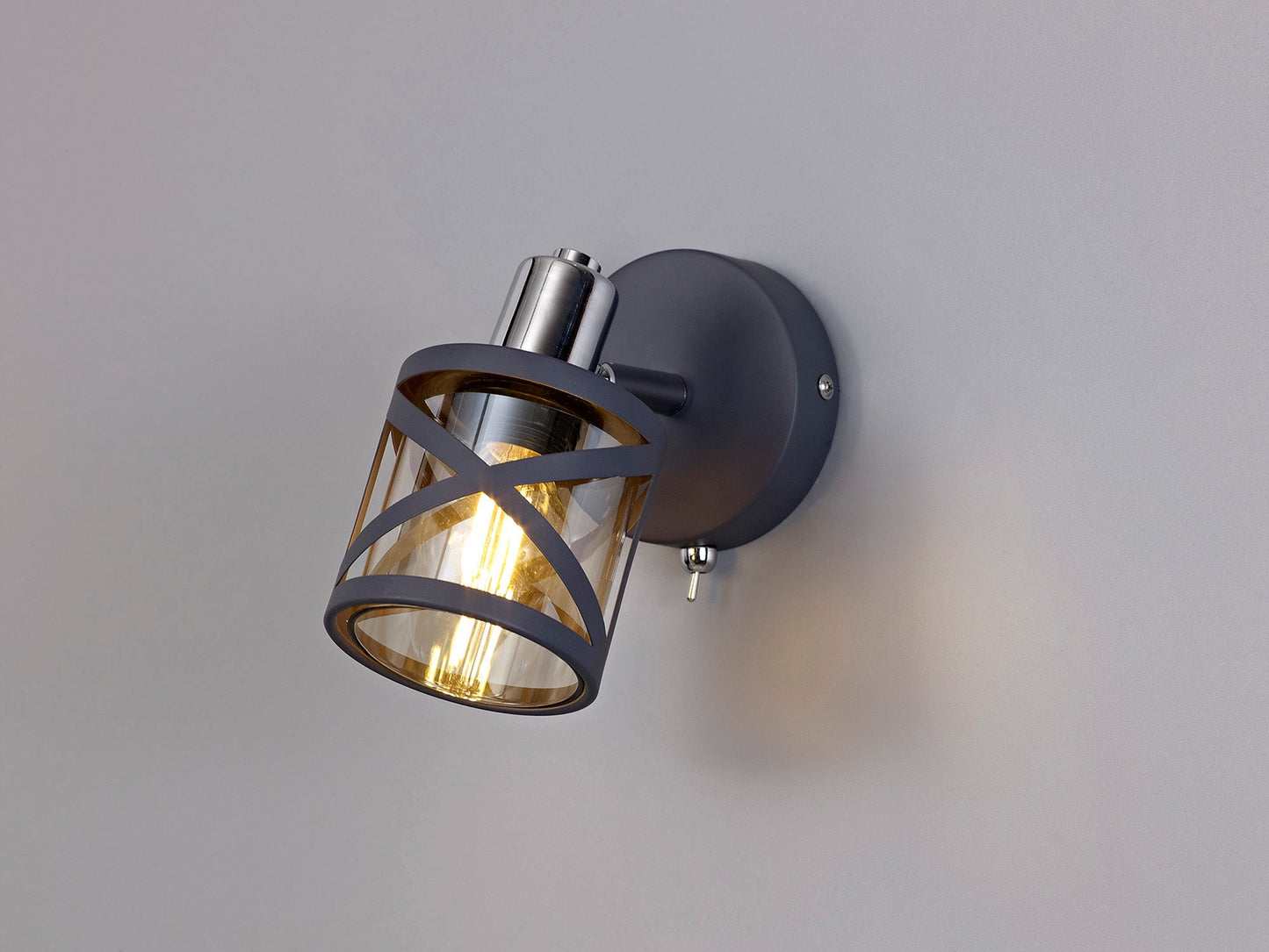 Mobbers 1 Light Switched Spotlight E14, Matt Grey and Polished Chrome and Cognac