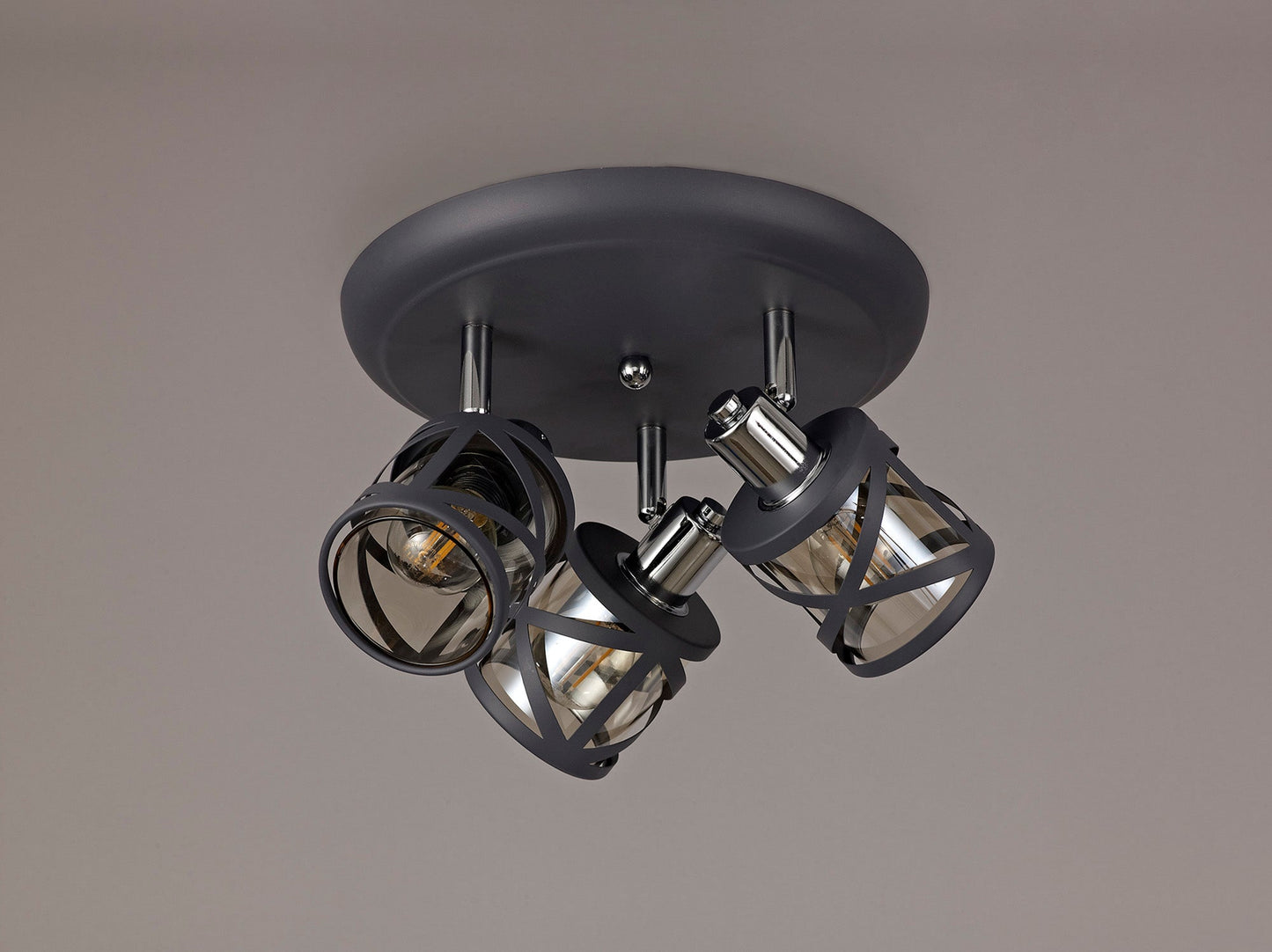 Mobbers 3 Light Round Spotlight E14, Matt Grey and Polished Chrome and Cognac