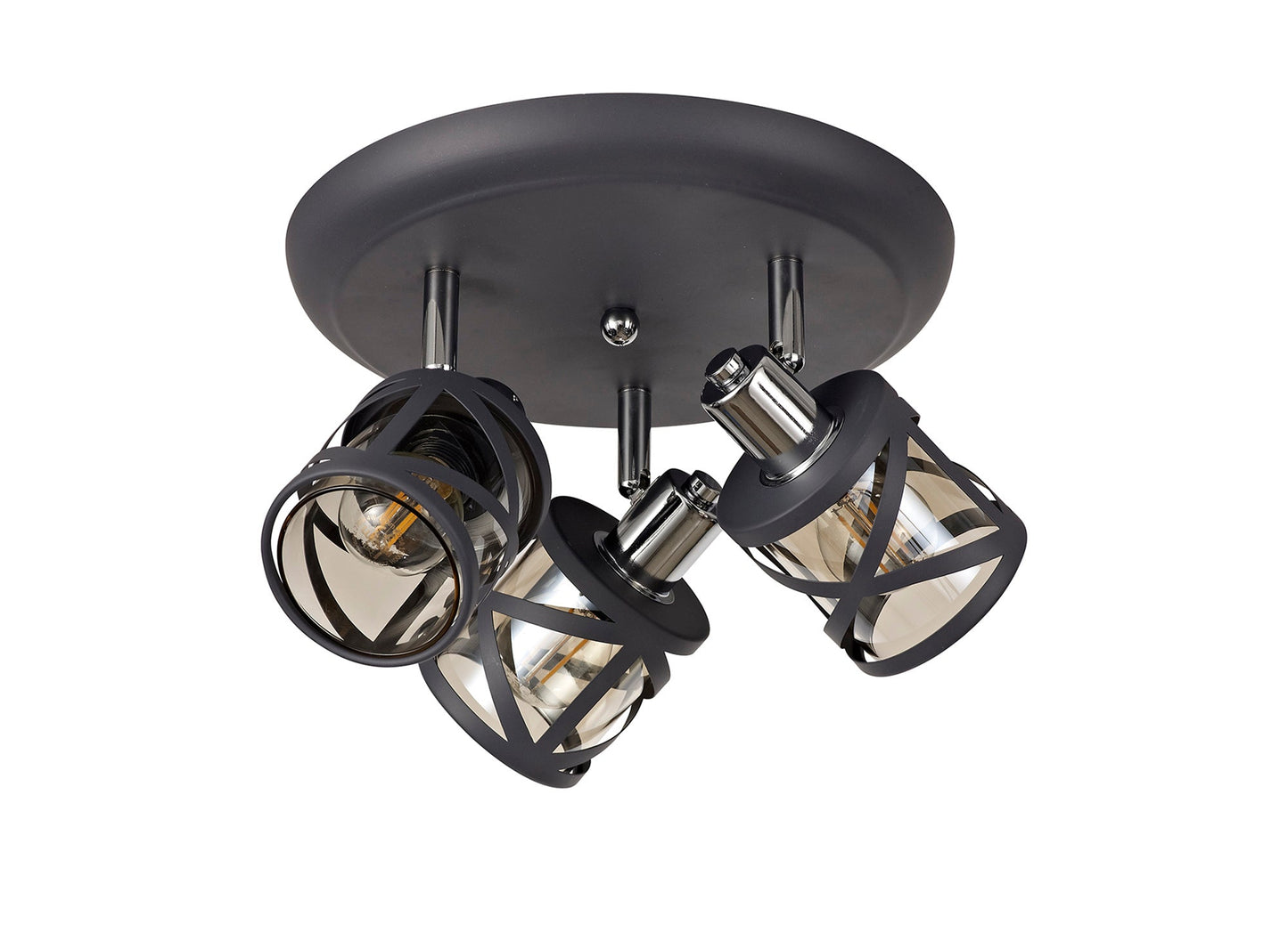 Mobbers 3 Light Round Spotlight E14, Matt Grey and Polished Chrome and Cognac