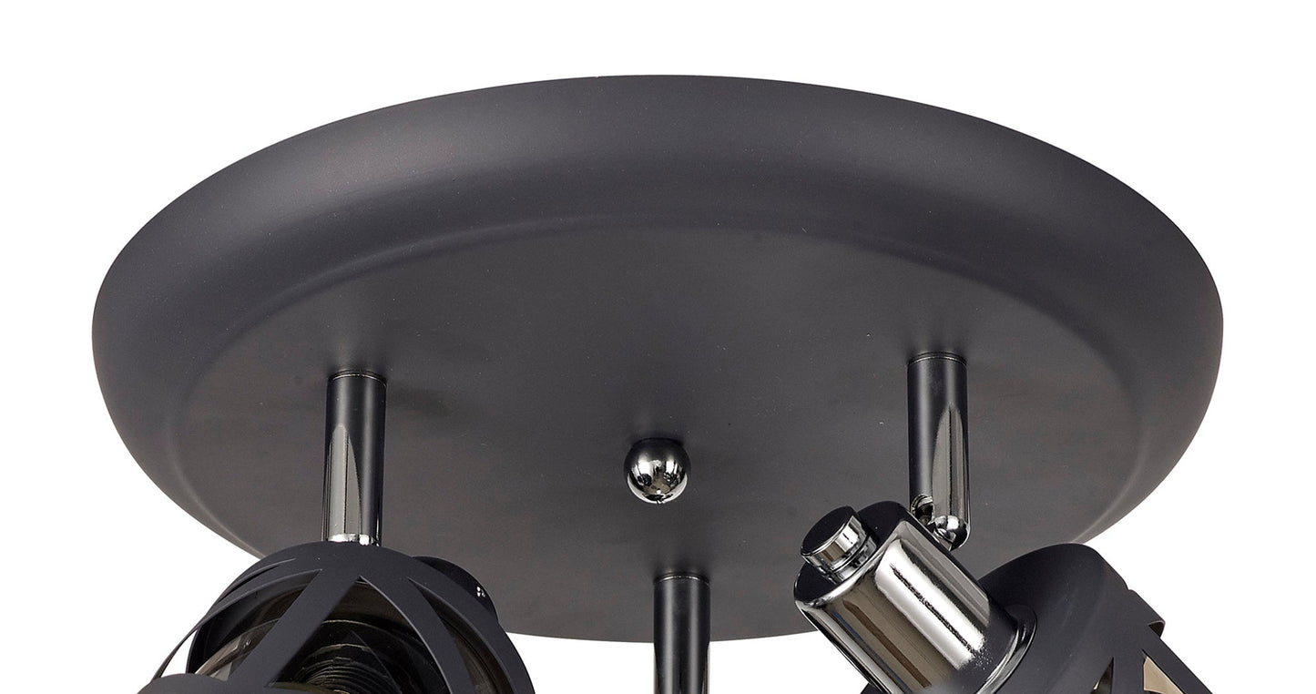 Mobbers 3 Light Round Spotlight E14, Matt Grey and Polished Chrome and Cognac