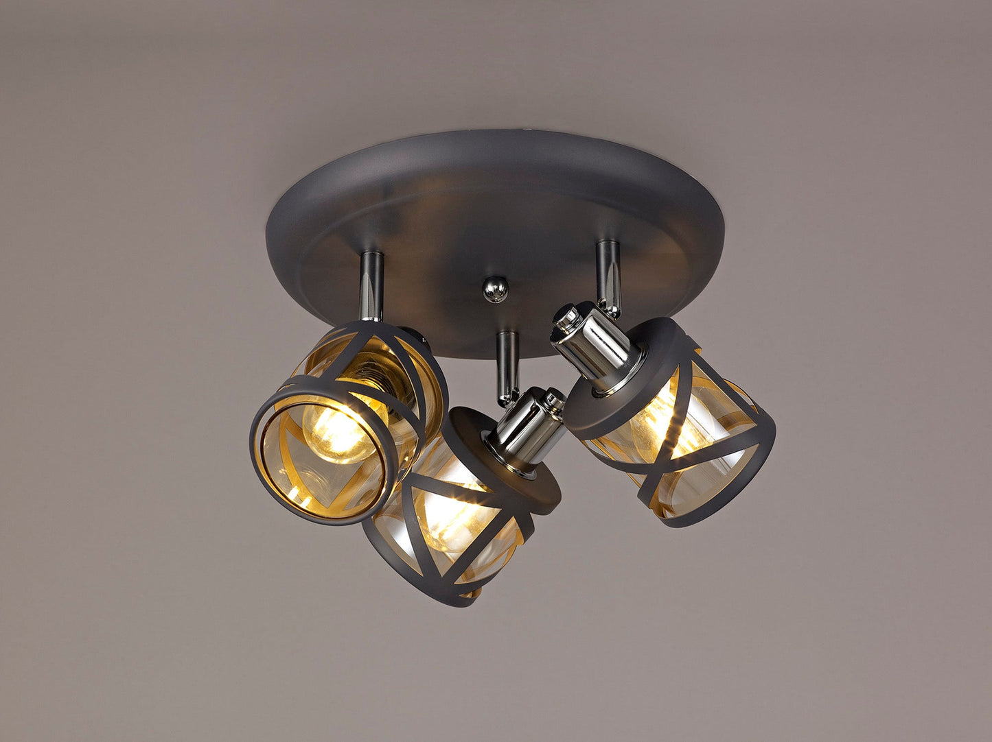 Mobbers 3 Light Round Spotlight E14, Matt Grey and Polished Chrome and Cognac