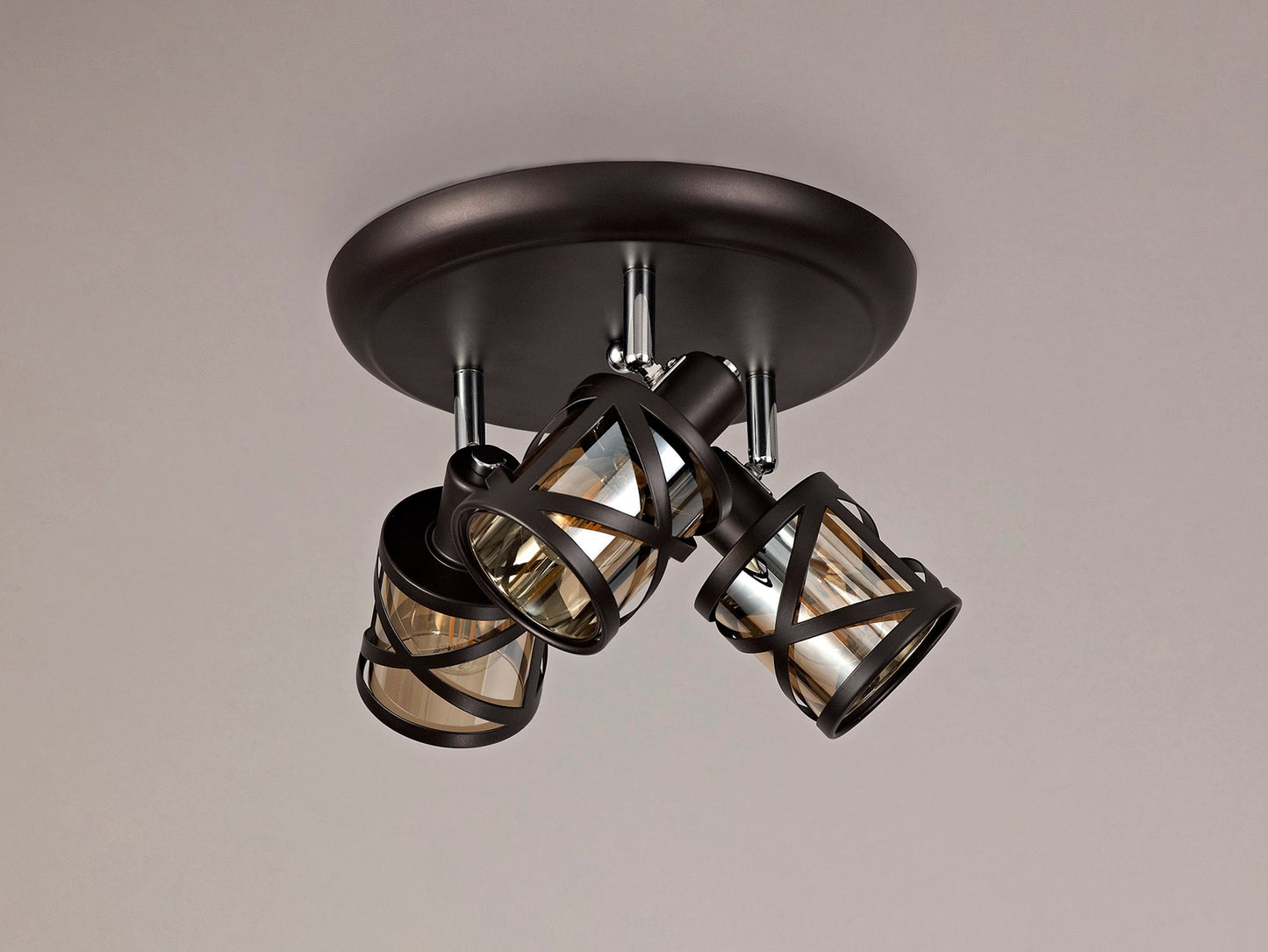 Mobbers 3 Light Round Spotlight E14, Oiled Bronze and Polished Chrome and Amber