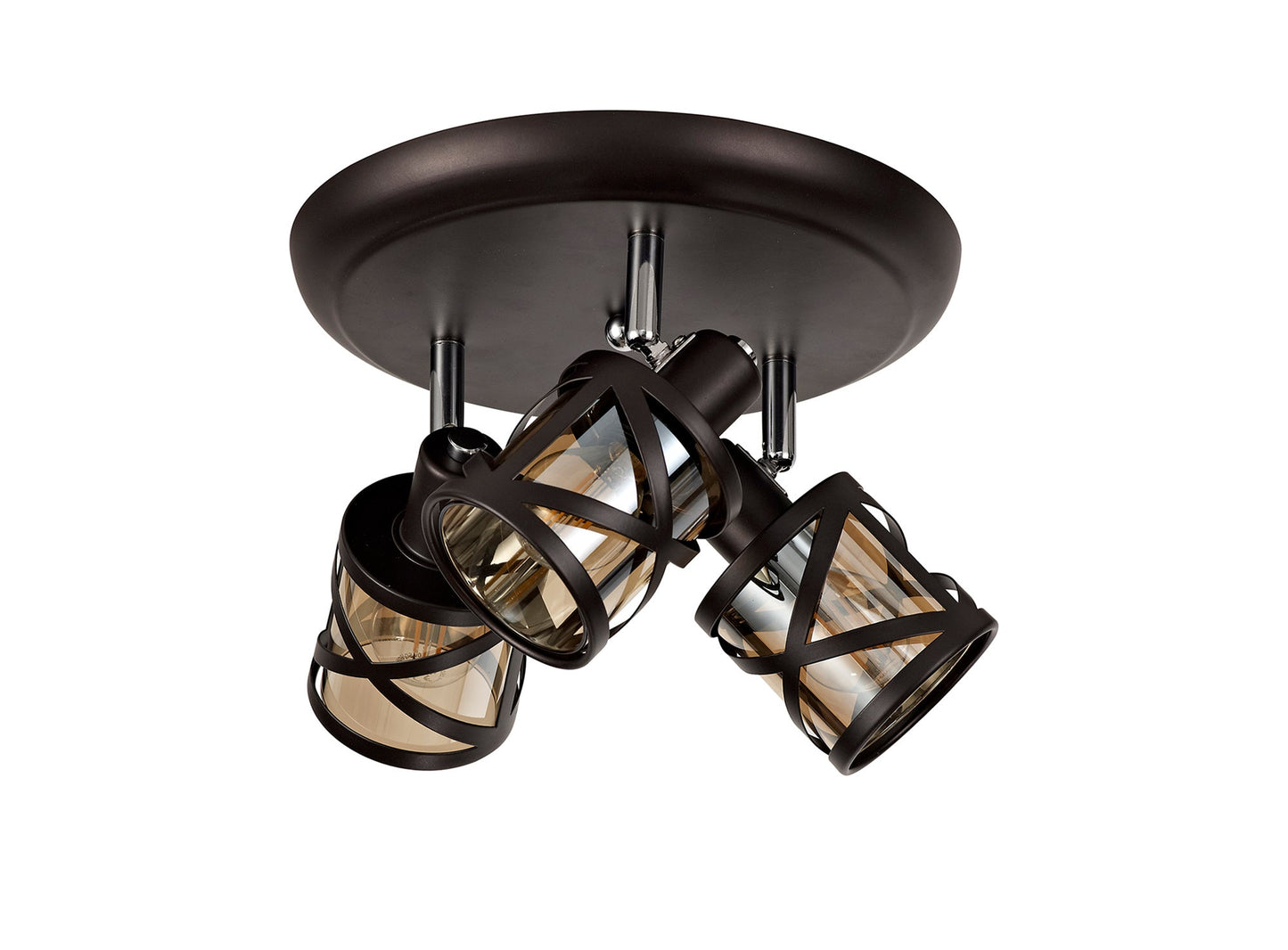 Mobbers 3 Light Round Spotlight E14, Oiled Bronze and Polished Chrome and Amber