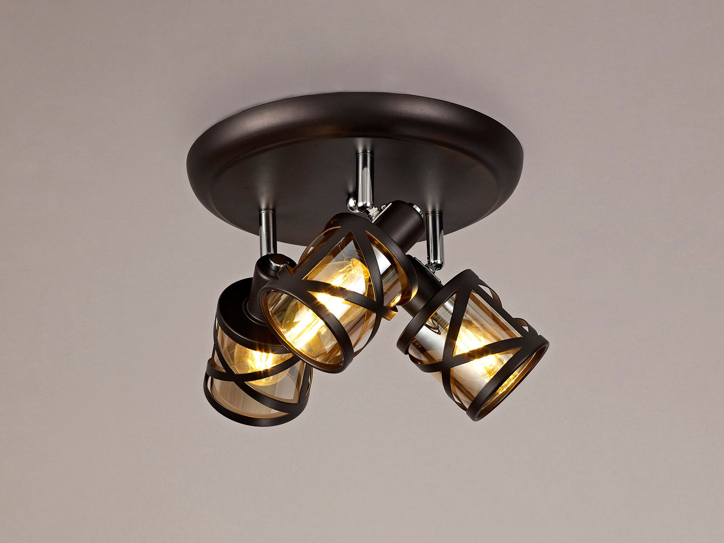 Mobbers 3 Light Round Spotlight E14, Oiled Bronze and Polished Chrome and Amber