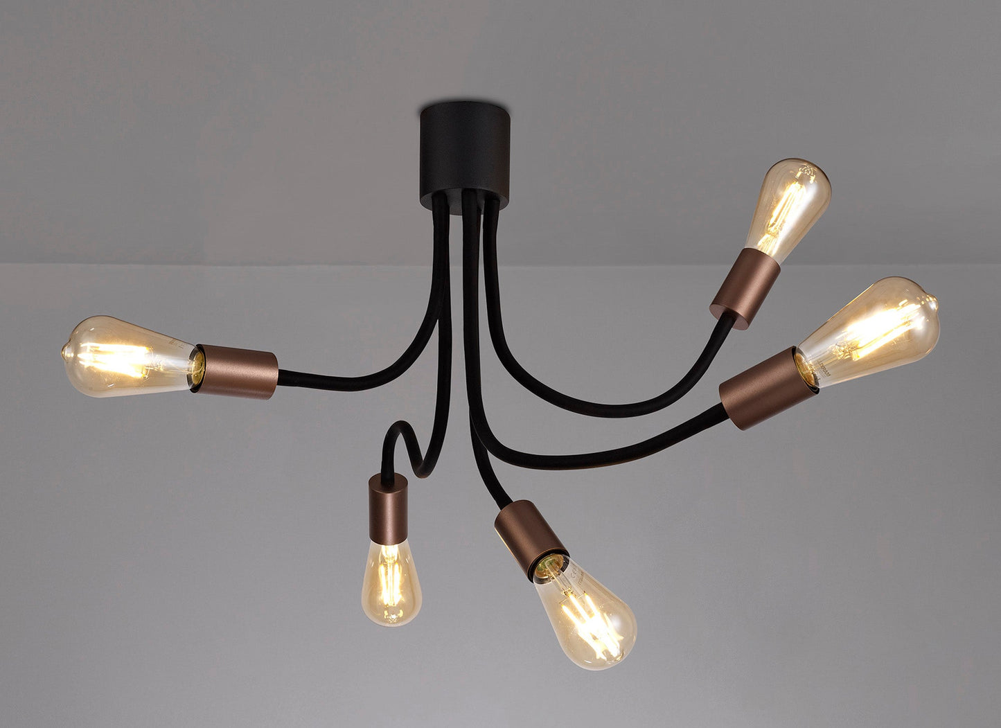 Moss Flexible Ceiling 5 Light E27, Satin Black and Brushed Copper