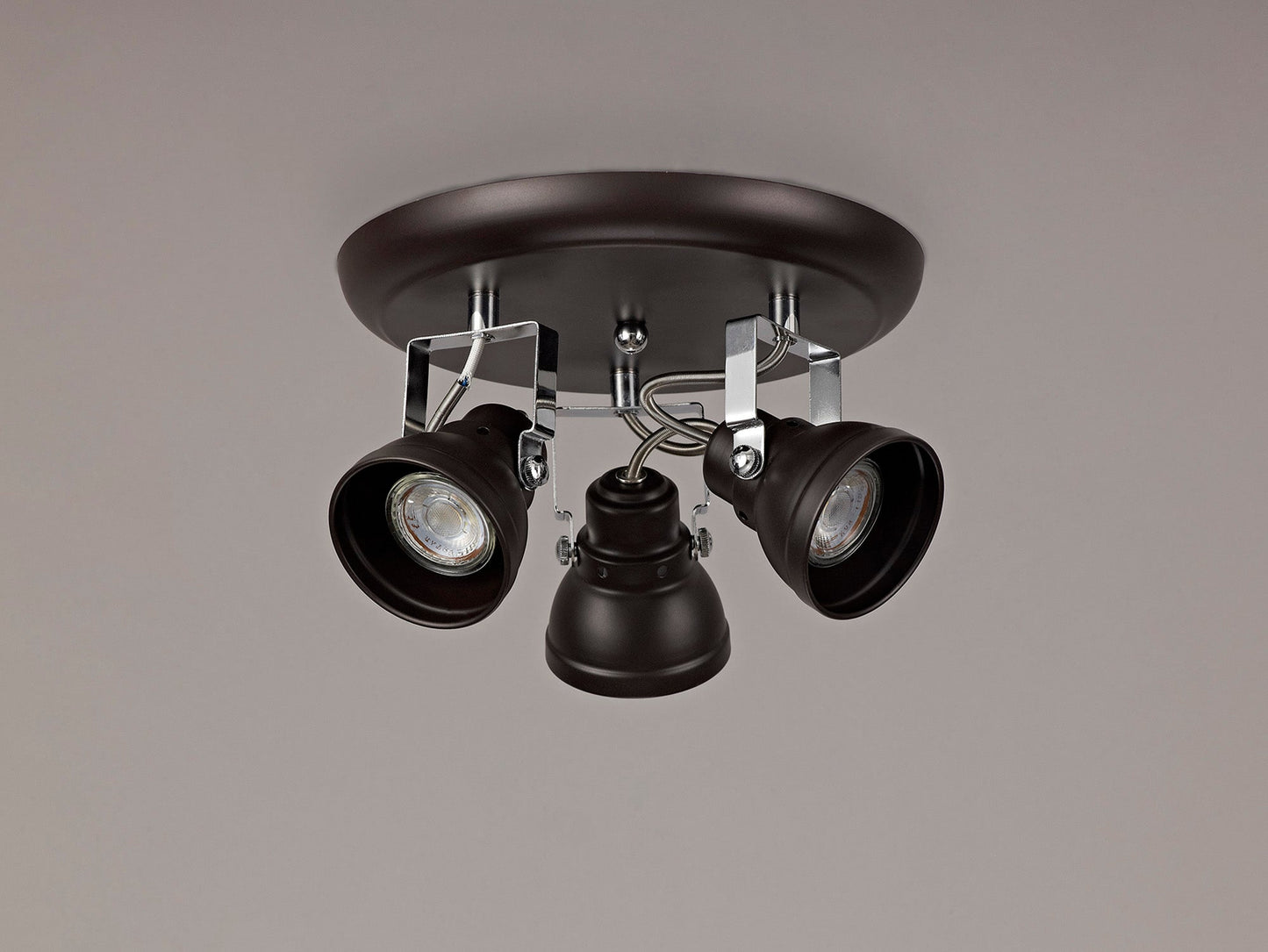 Mossrose Adjustable Round Spotlight, 3 x GU10 Max 10W LED, Oiled Bronze and Polished Chrome