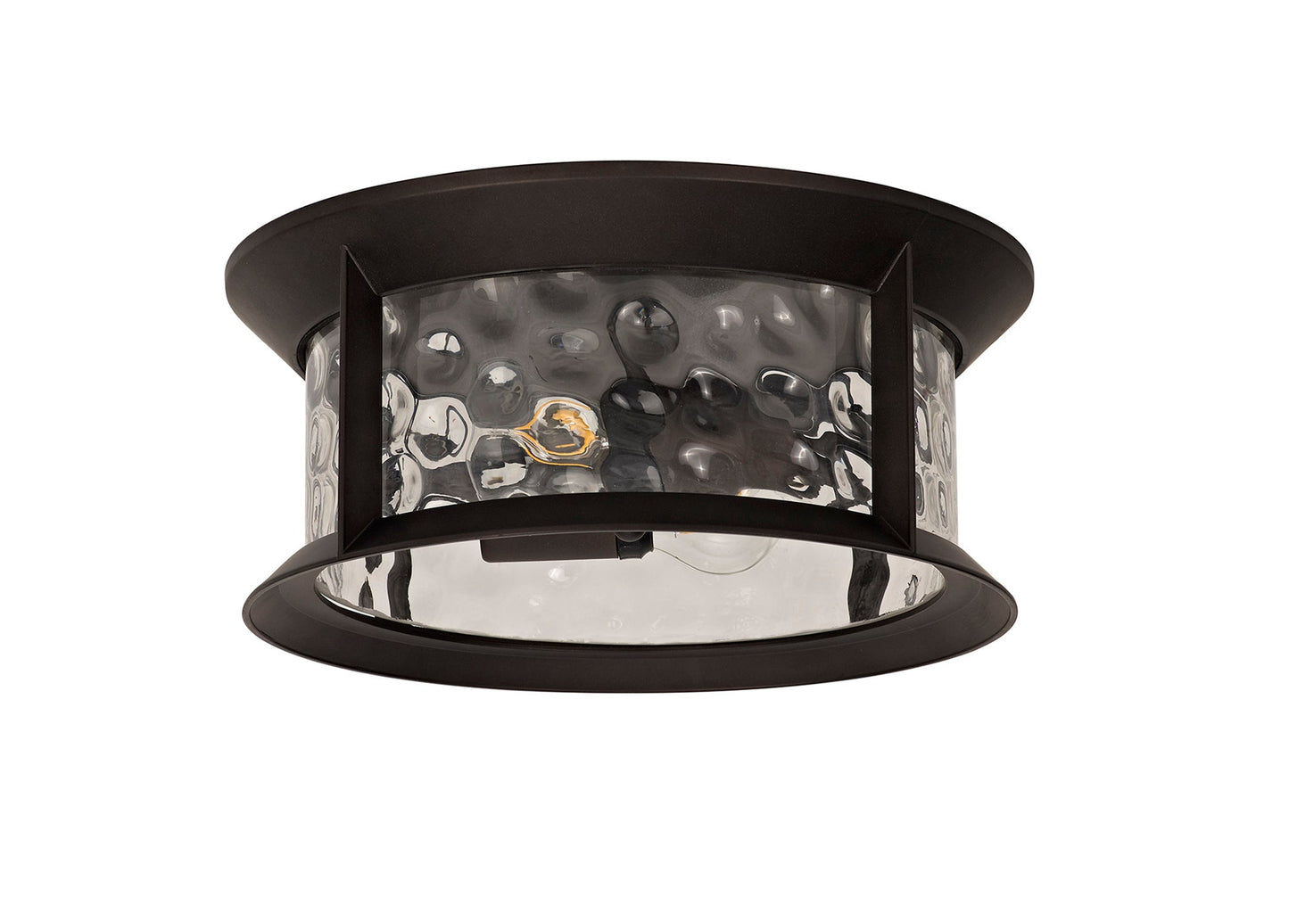 Nantwich Flush Ceiling Lamp, 2 xE27, Antique Bronze and Clear Ripple Glass, IP54, 2yrs Warranty