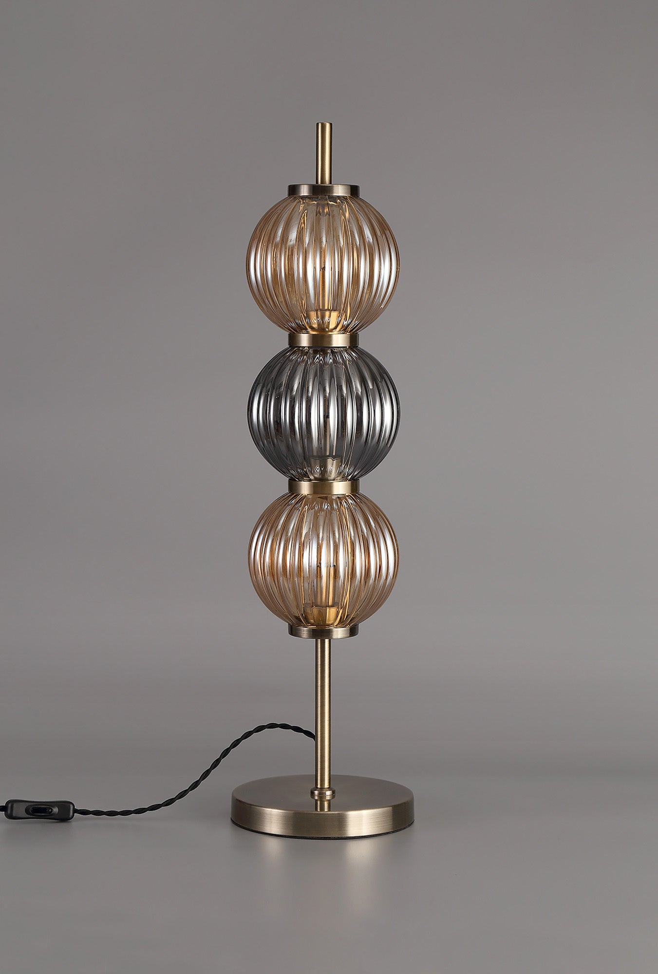 Quarry Table Lamp, 3 x G9, Antique Brass and Smoked & Amber Glass