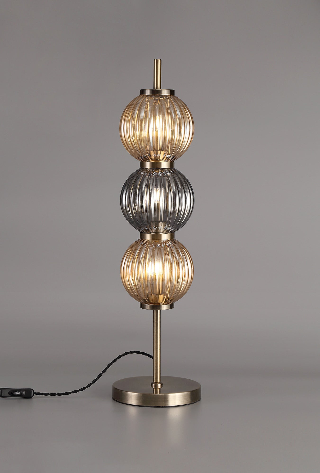 Quarry Table Lamp, 3 x G9, Antique Brass and Smoked & Amber Glass
